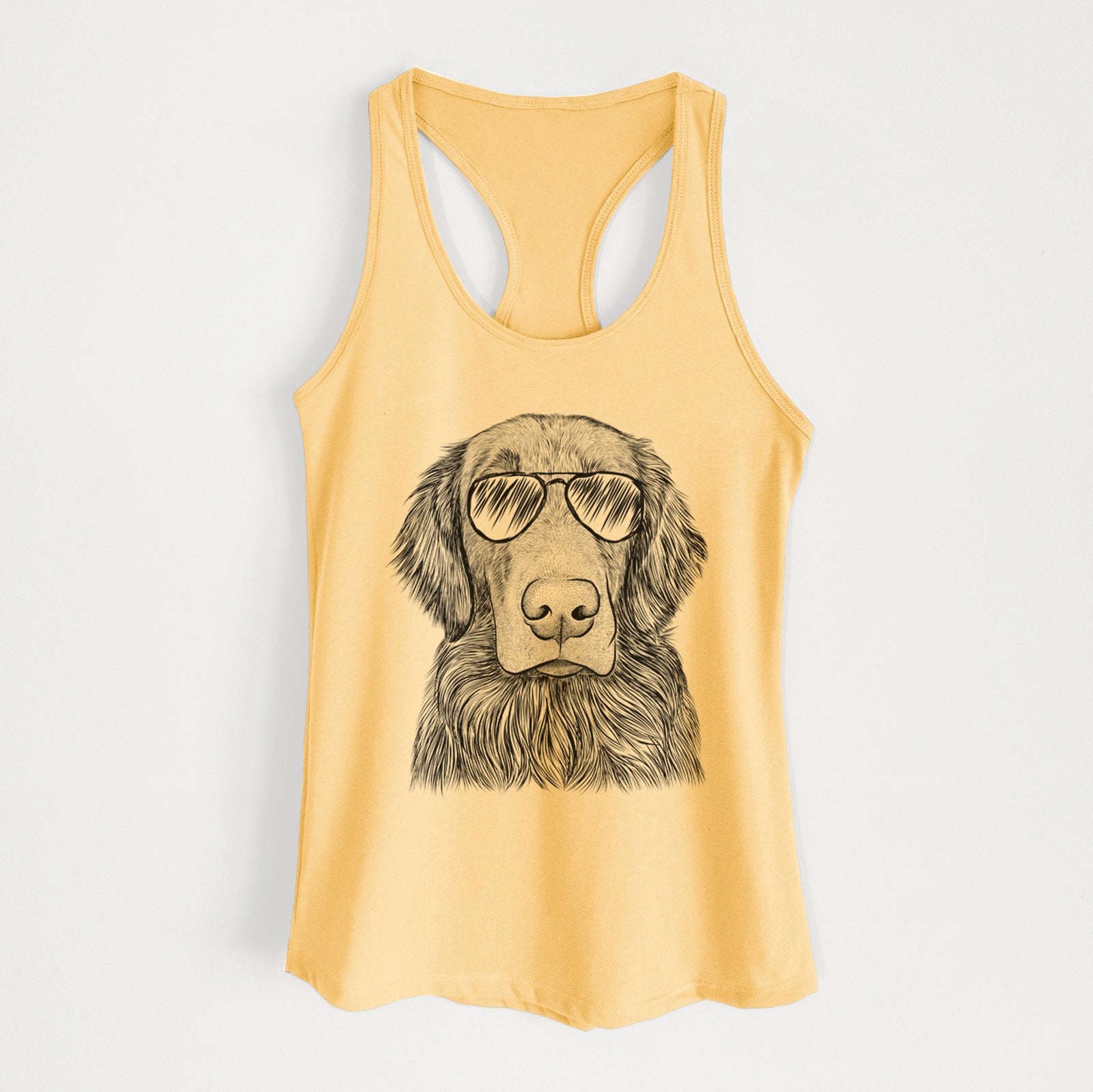 Hand-drawn sketch of Pippin the Flat Coated Retriever wearing aviator sunglasses on a Banana Cream Women's racerback tanktop