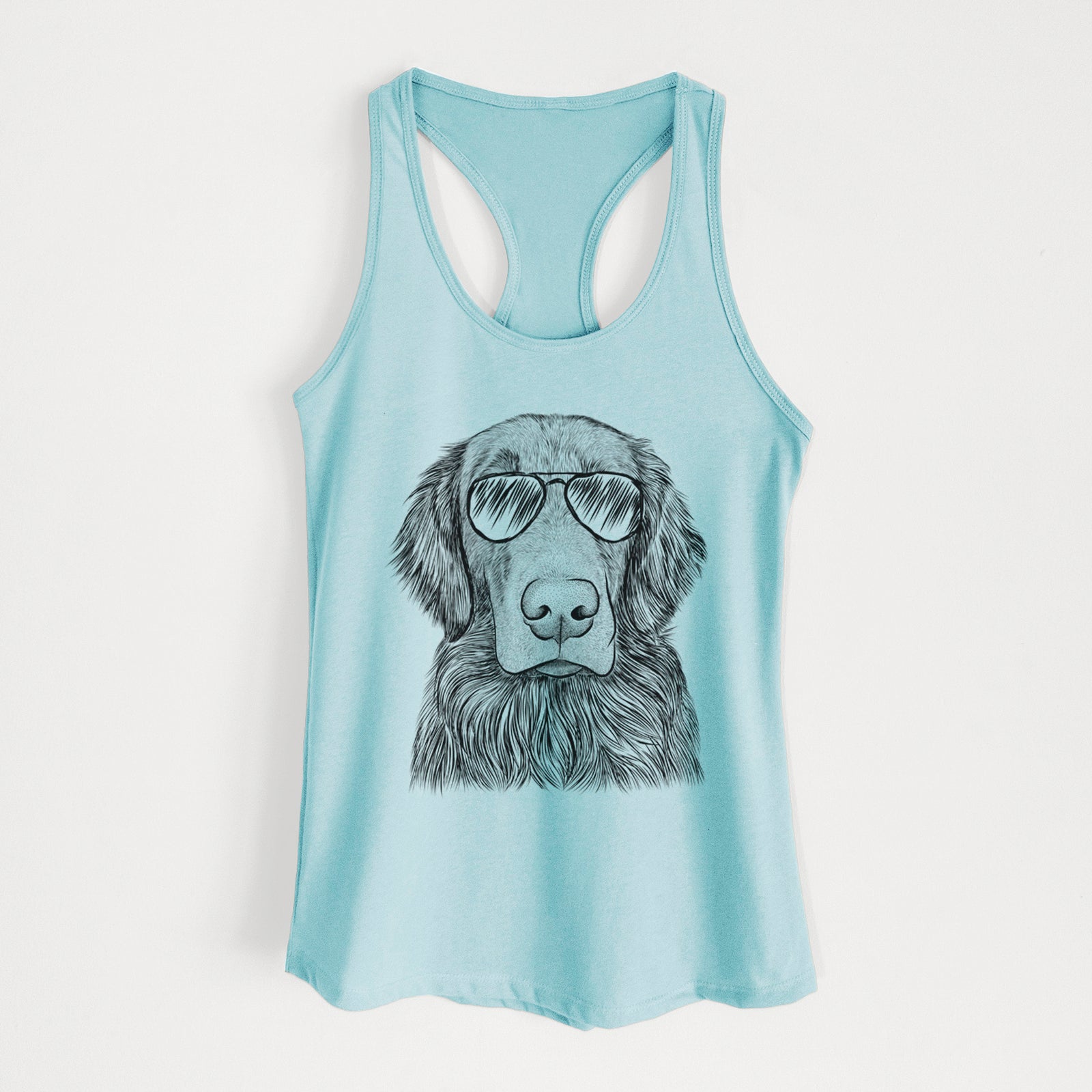 Hand-drawn sketch of Pippin the Flat Coated Retriever wearing aviator sunglasses on a Cancun Blue Women's racerback tanktop