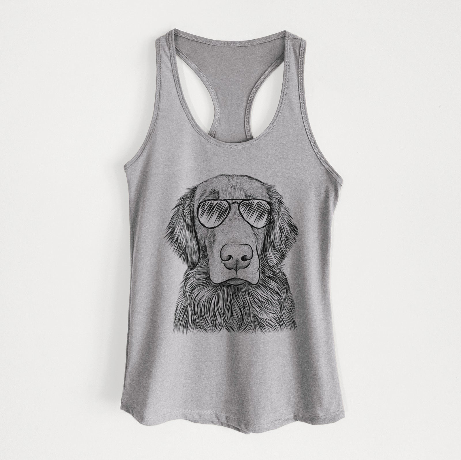Hand-drawn sketch of Pippin the Flat Coated Retriever wearing aviator sunglasses on a Heather Grey Women's racerback tanktop