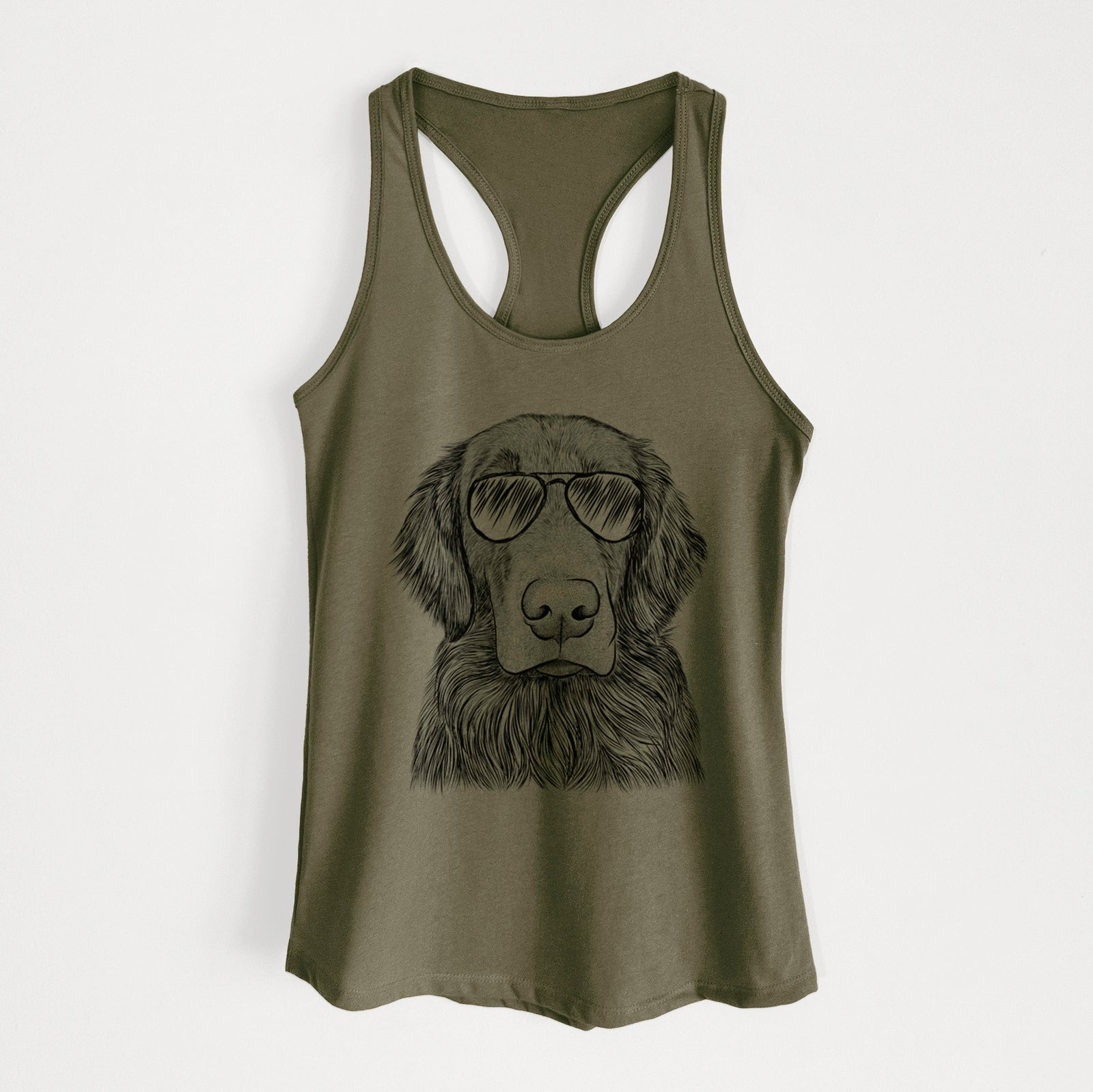 Hand-drawn sketch of Pippin the Flat Coated Retriever wearing aviator sunglasses on a Military Green Women's racerback tanktop