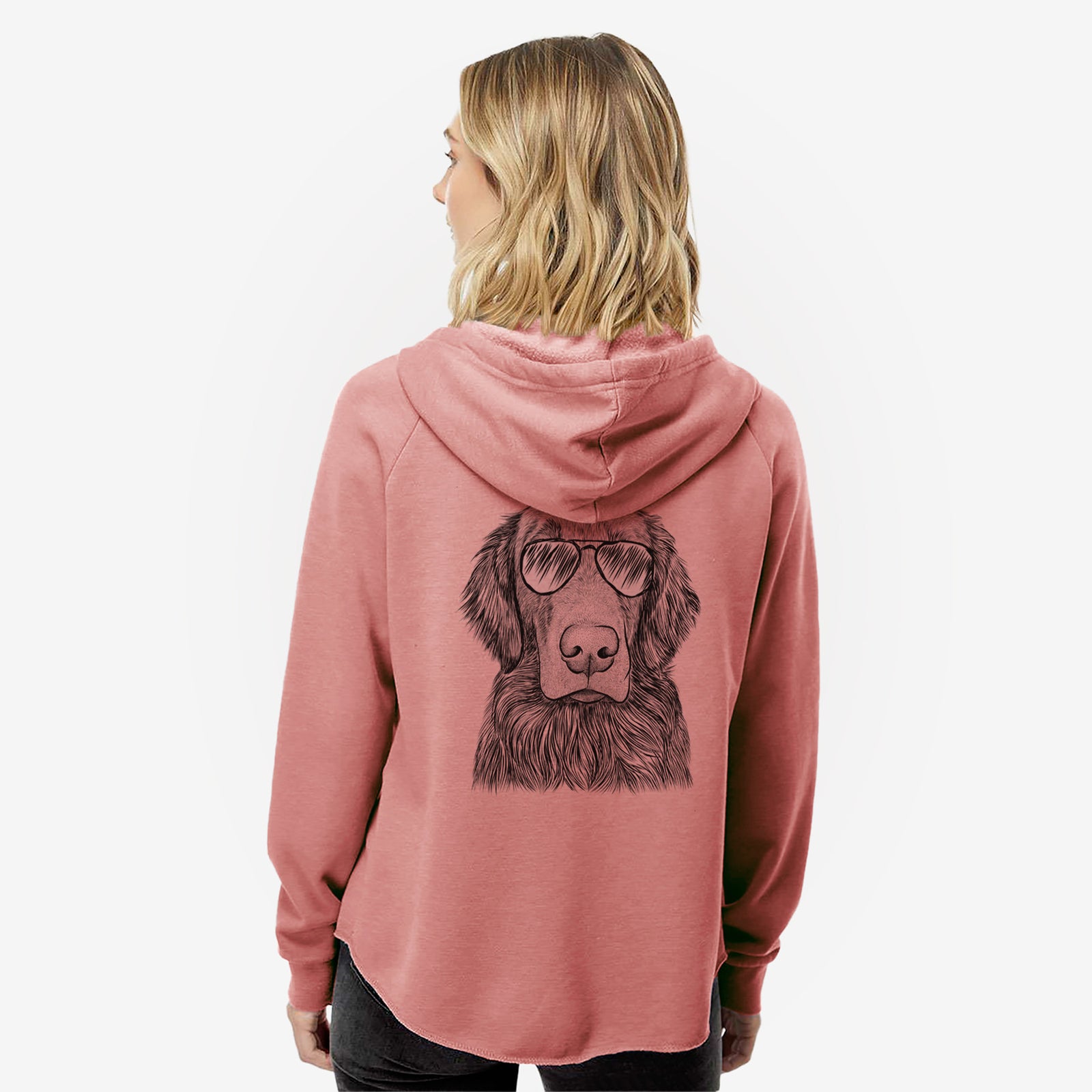 Hand-drawn sketch of Pippin the Flat Coated Retriever wearing aviator sunglasses on a Dusty Rose Women's cali wave zip-up sweatshirt