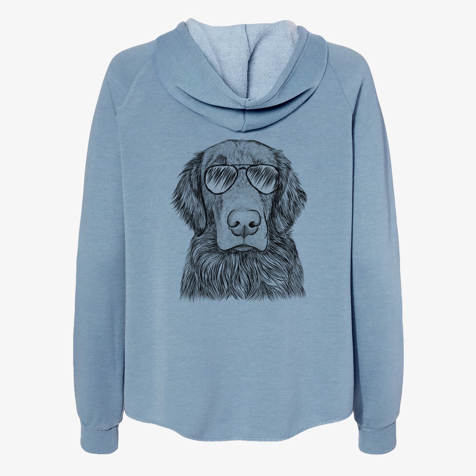 Hand-drawn sketch of Pippin the Flat Coated Retriever wearing aviator sunglasses on a Misty Blue Women's cali wave zip-up sweatshirt