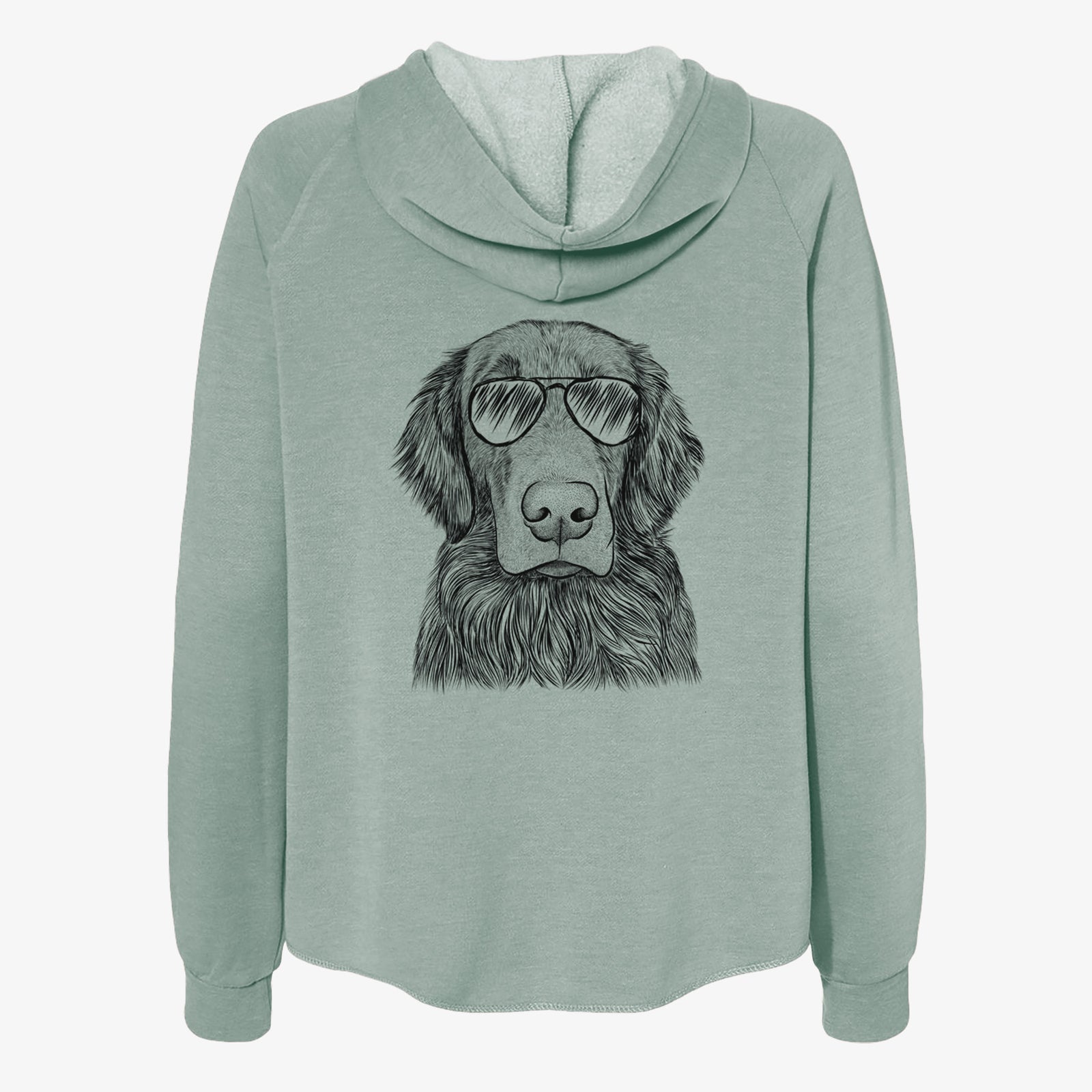 Hand-drawn sketch of Pippin the Flat Coated Retriever wearing aviator sunglasses on a Sage Women's cali wave zip-up sweatshirt
