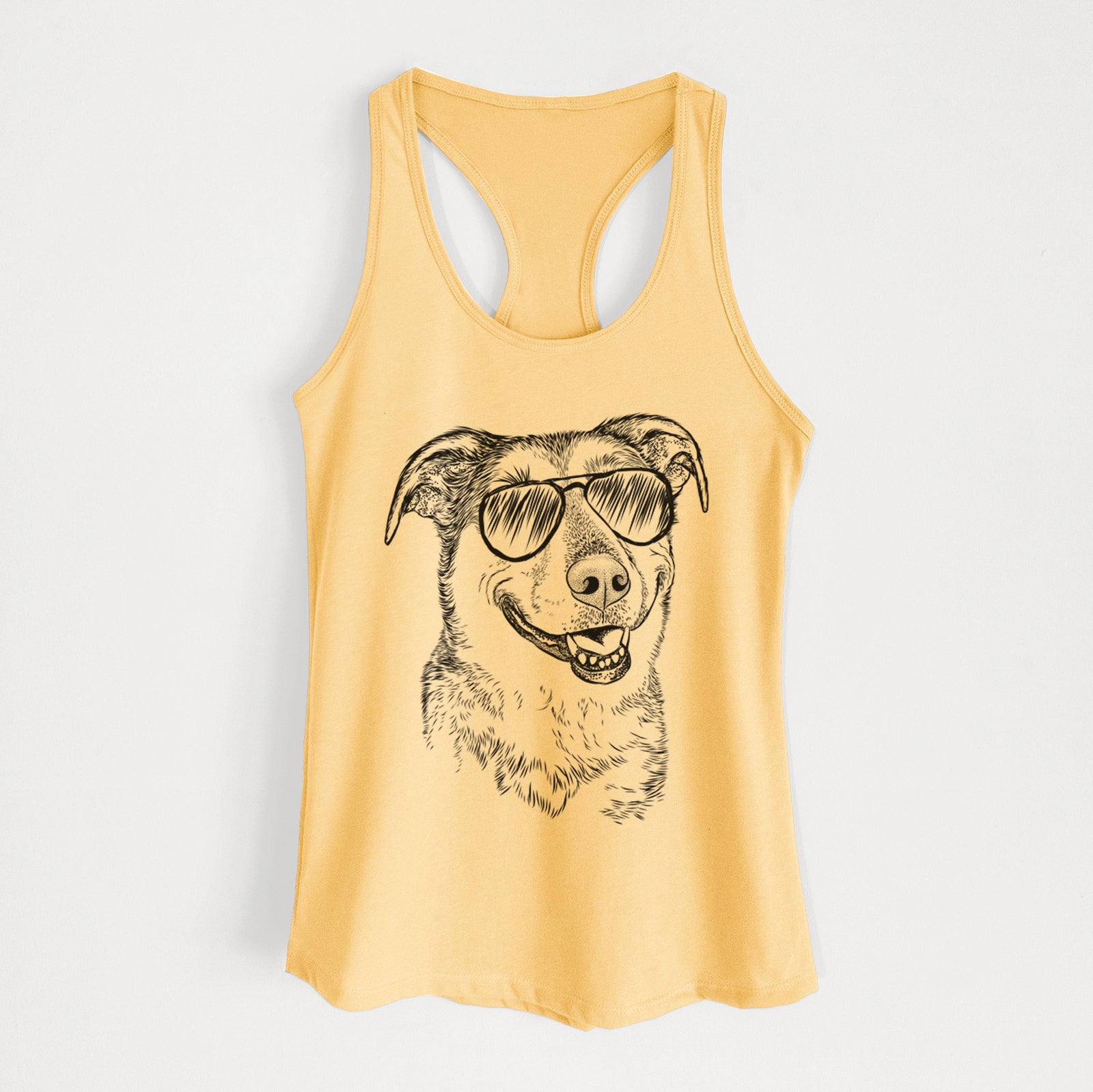 Hand-drawn sketch of Pippin the Shepherd Mix wearing aviator sunglasses on a Banana Cream Women's racerback tanktop