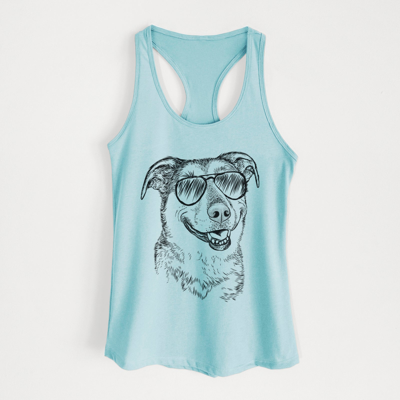 Hand-drawn sketch of Pippin the Shepherd Mix wearing aviator sunglasses on a Cancun Blue Women's racerback tanktop