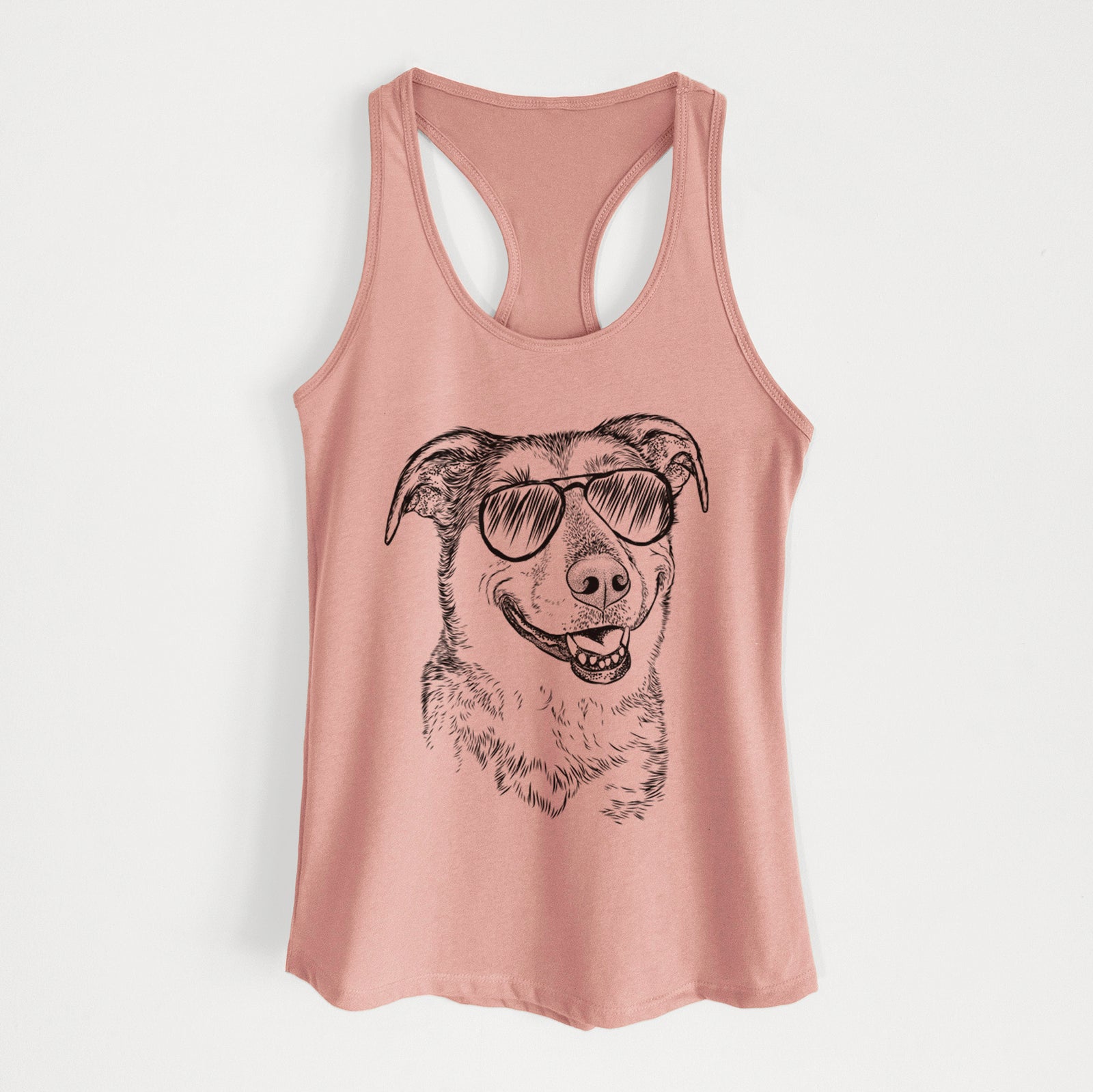 Hand-drawn sketch of Pippin the Shepherd Mix wearing aviator sunglasses on a Desert Pink Women's racerback tanktop