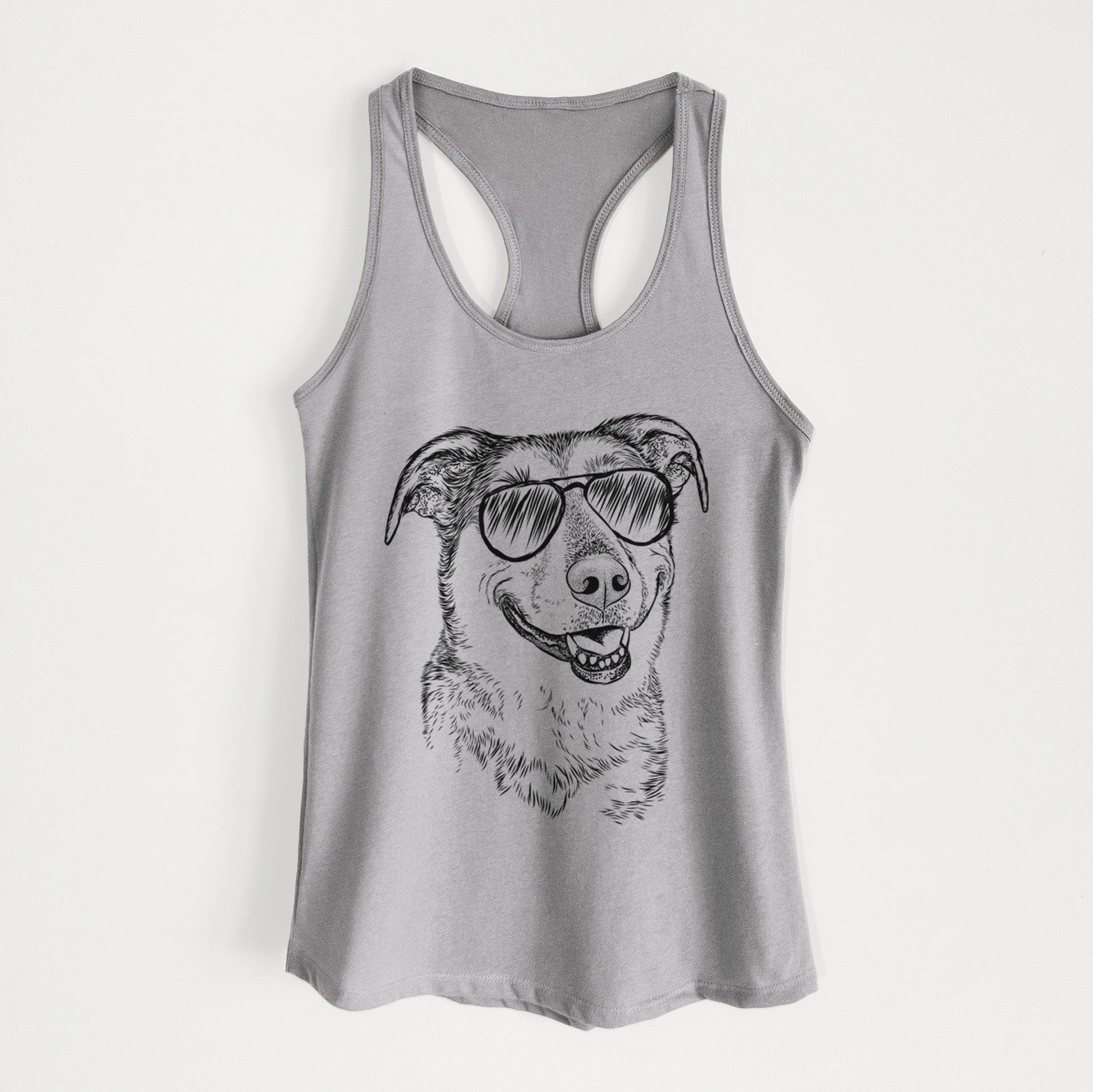 Hand-drawn sketch of Pippin the Shepherd Mix wearing aviator sunglasses on a Heather Grey Women's racerback tanktop