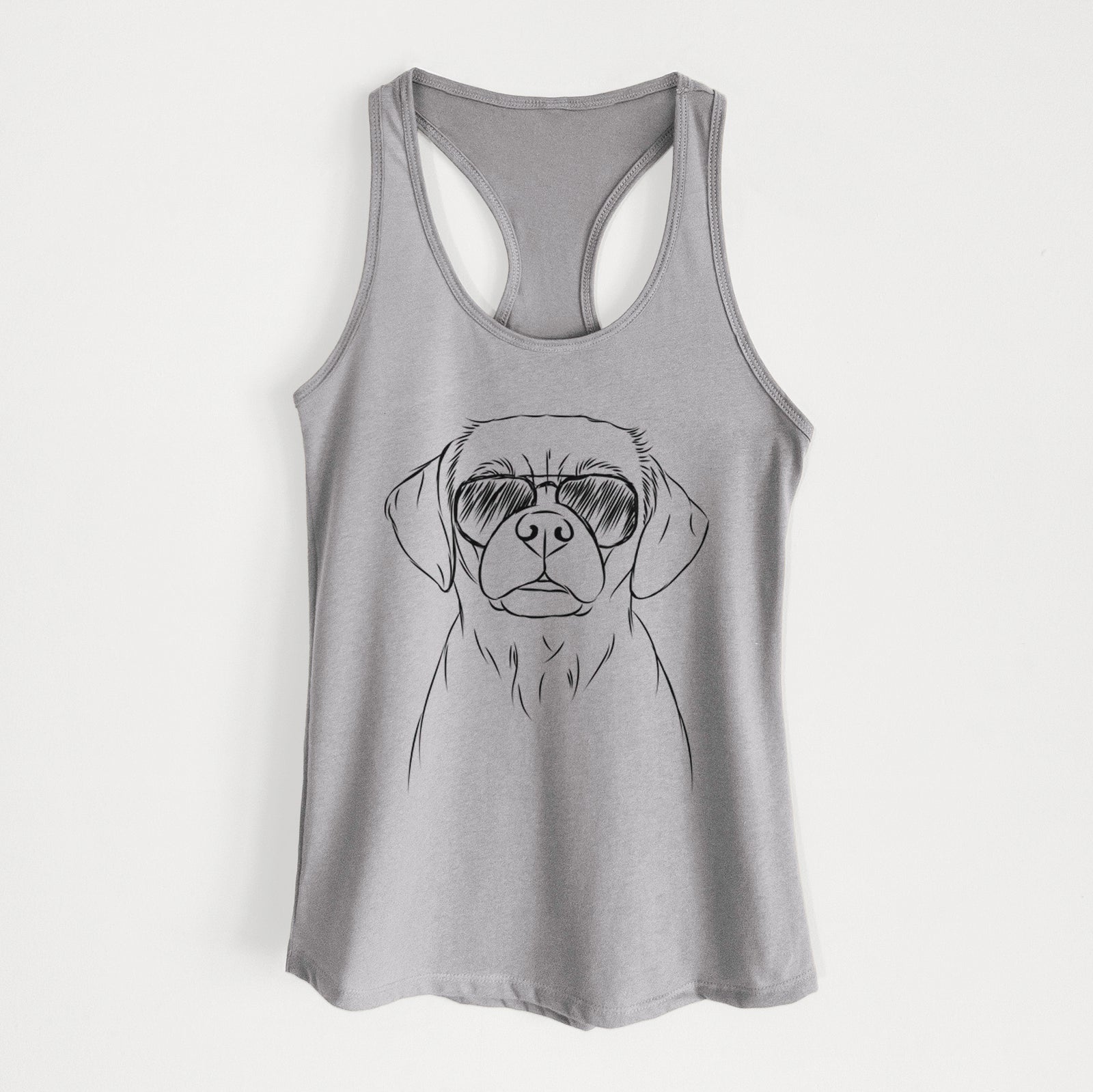 Hand-drawn sketch of Popcorn the Puggle wearing aviator sunglasses on a Heather Grey Women's racerback tanktop