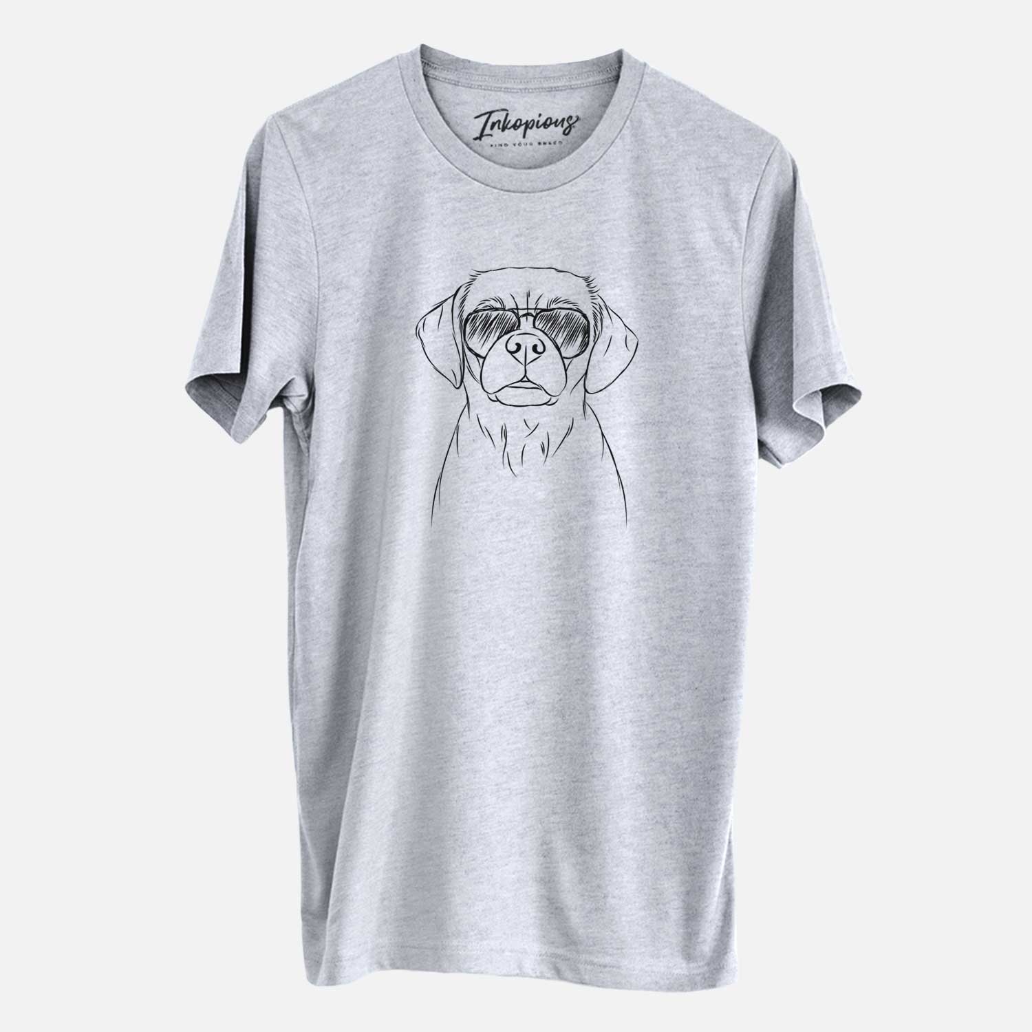 Hand-drawn sketch of Popcorn the Puggle wearing aviator sunglasses on a Grey Unisex crewneck