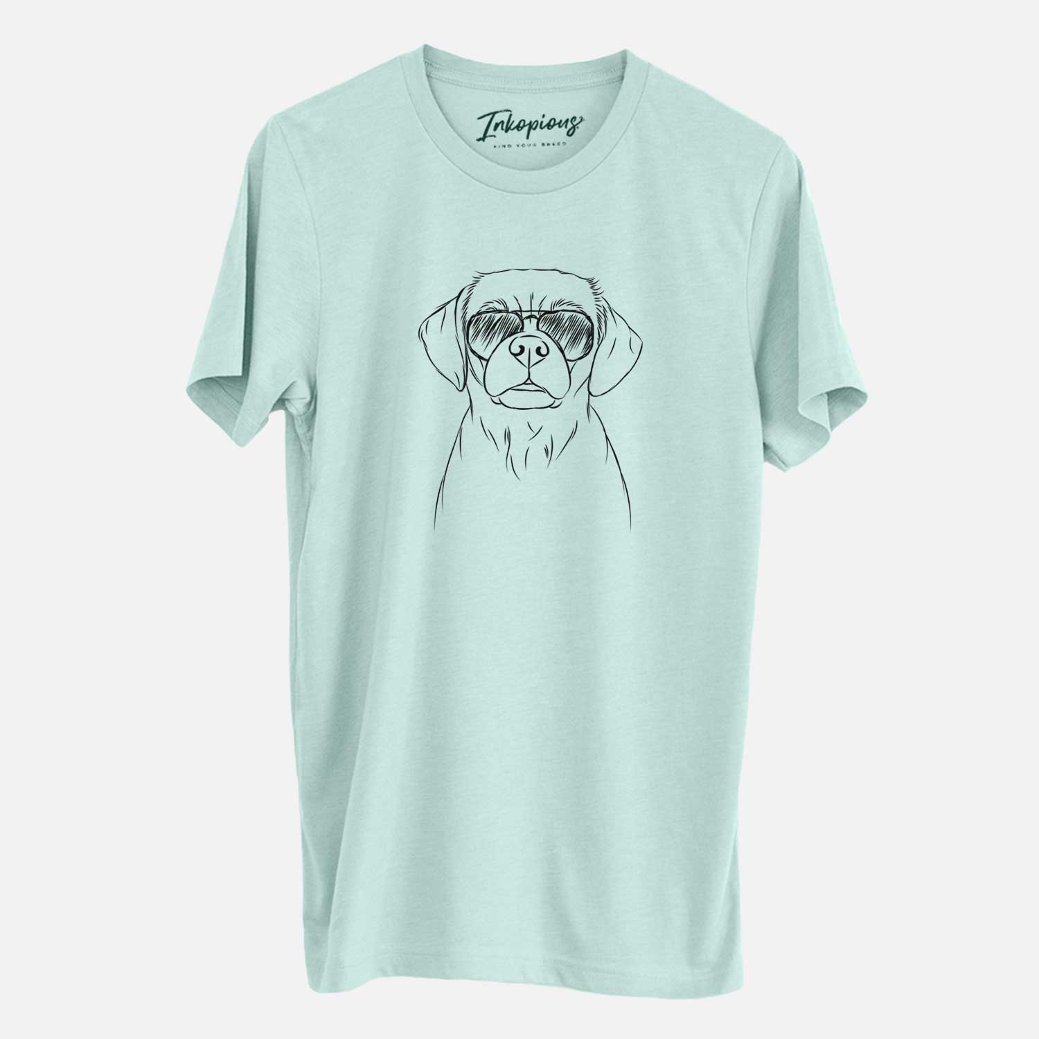 Hand-drawn sketch of Popcorn the Puggle wearing aviator sunglasses on a Heather Sage Unisex crewneck