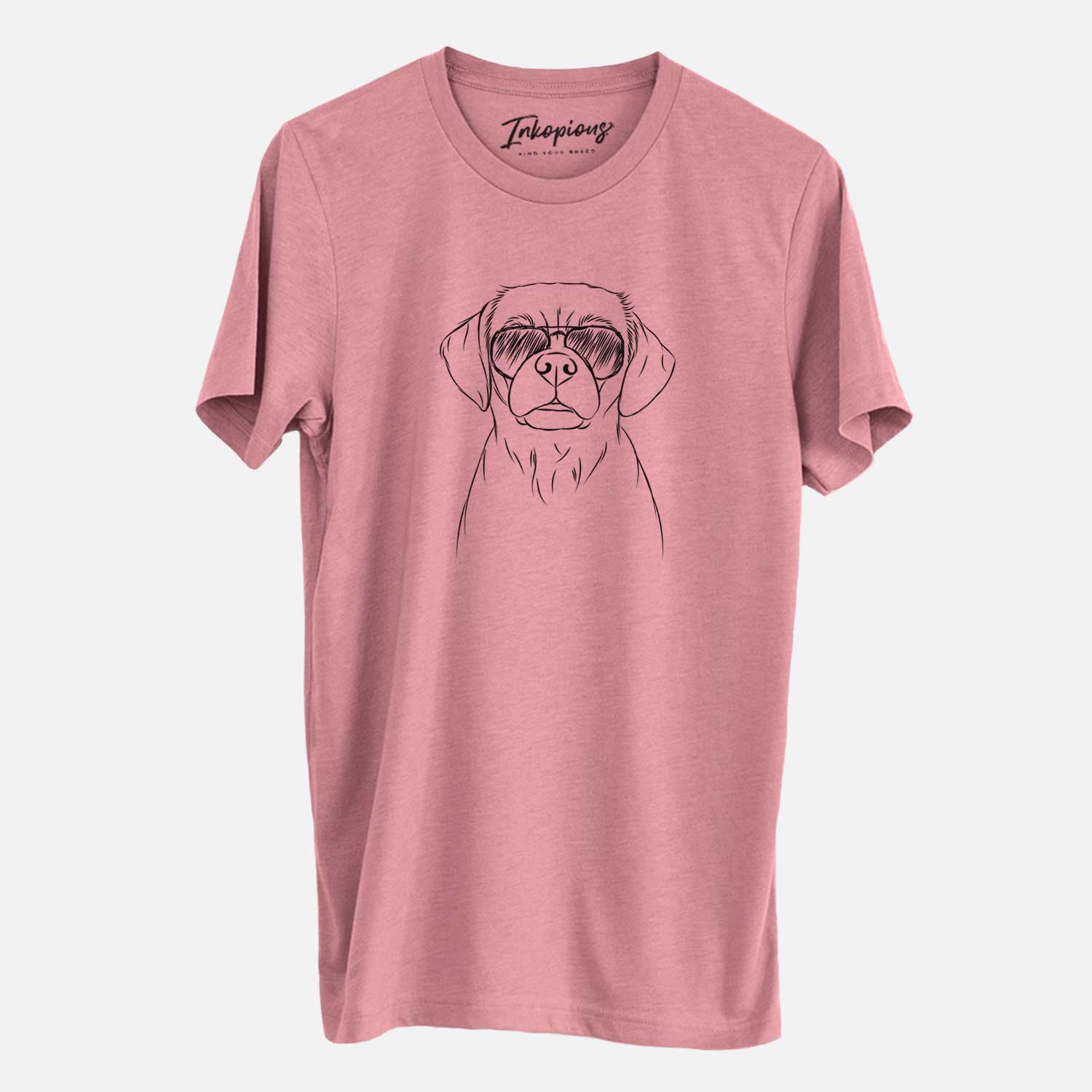 Hand-drawn sketch of Popcorn the Puggle wearing aviator sunglasses on a Mauve Unisex crewneck