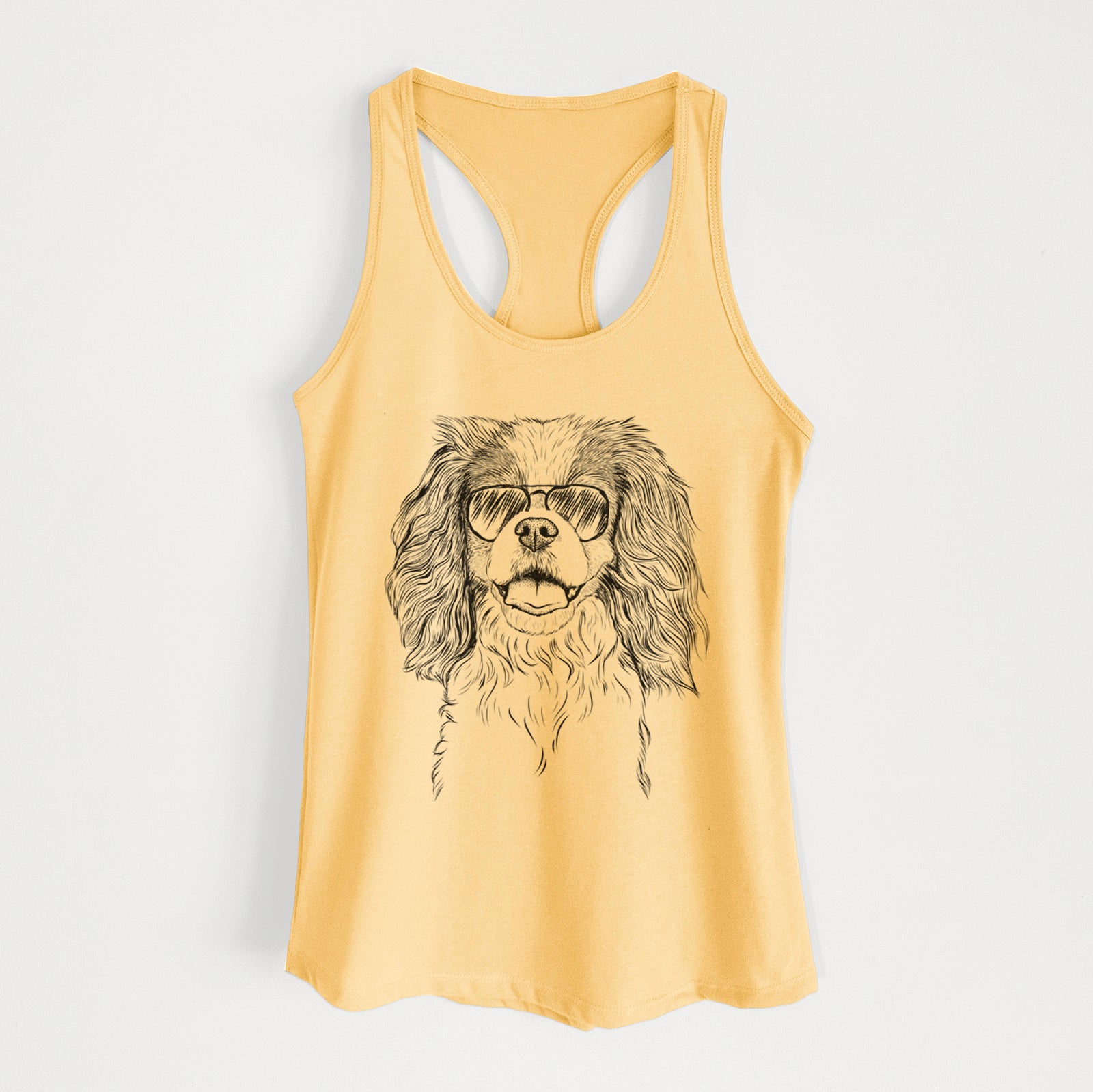 Hand-drawn sketch of Poppy the Cavalier King Charles Spaniel wearing aviator sunglasses on a Banana Cream Women's racerback tanktop