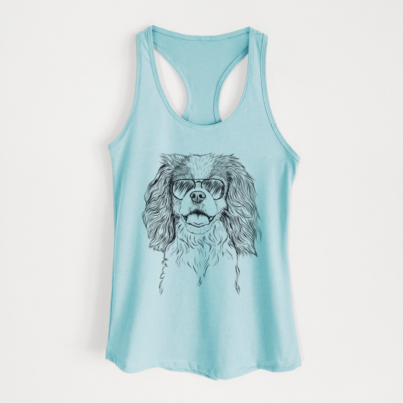 Hand-drawn sketch of Poppy the Cavalier King Charles Spaniel wearing aviator sunglasses on a Cancun Blue Women's racerback tanktop