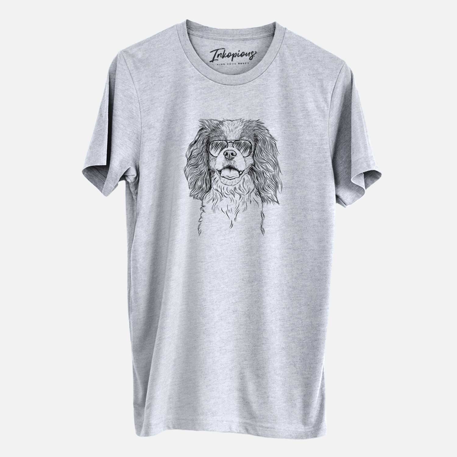 Hand-drawn sketch of Poppy the Cavalier King Charles Spaniel wearing aviator sunglasses on a Grey Unisex crewneck