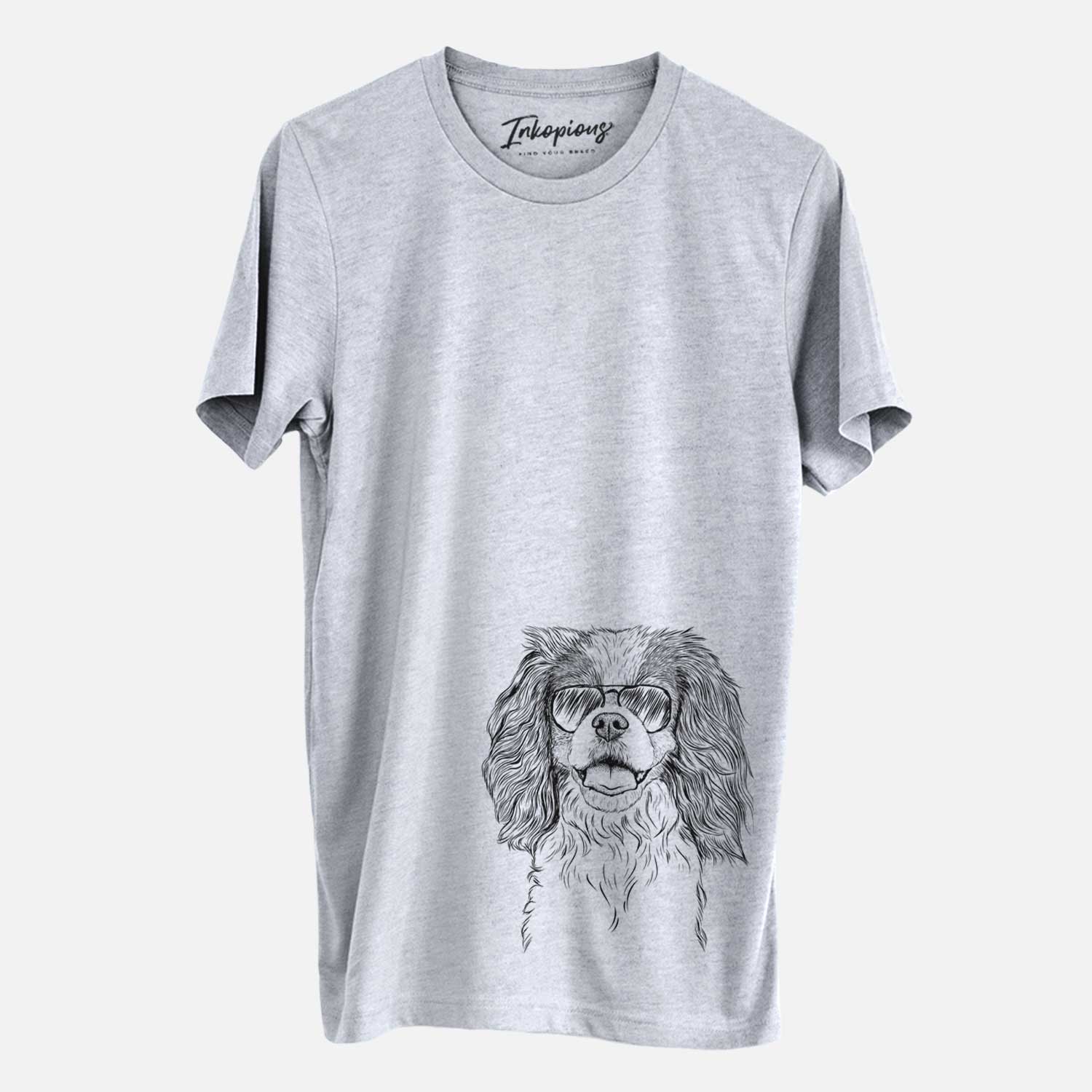 Hand-drawn sketch of Poppy the Cavalier King Charles Spaniel wearing aviator sunglasses on a Grey Unisex crewneck