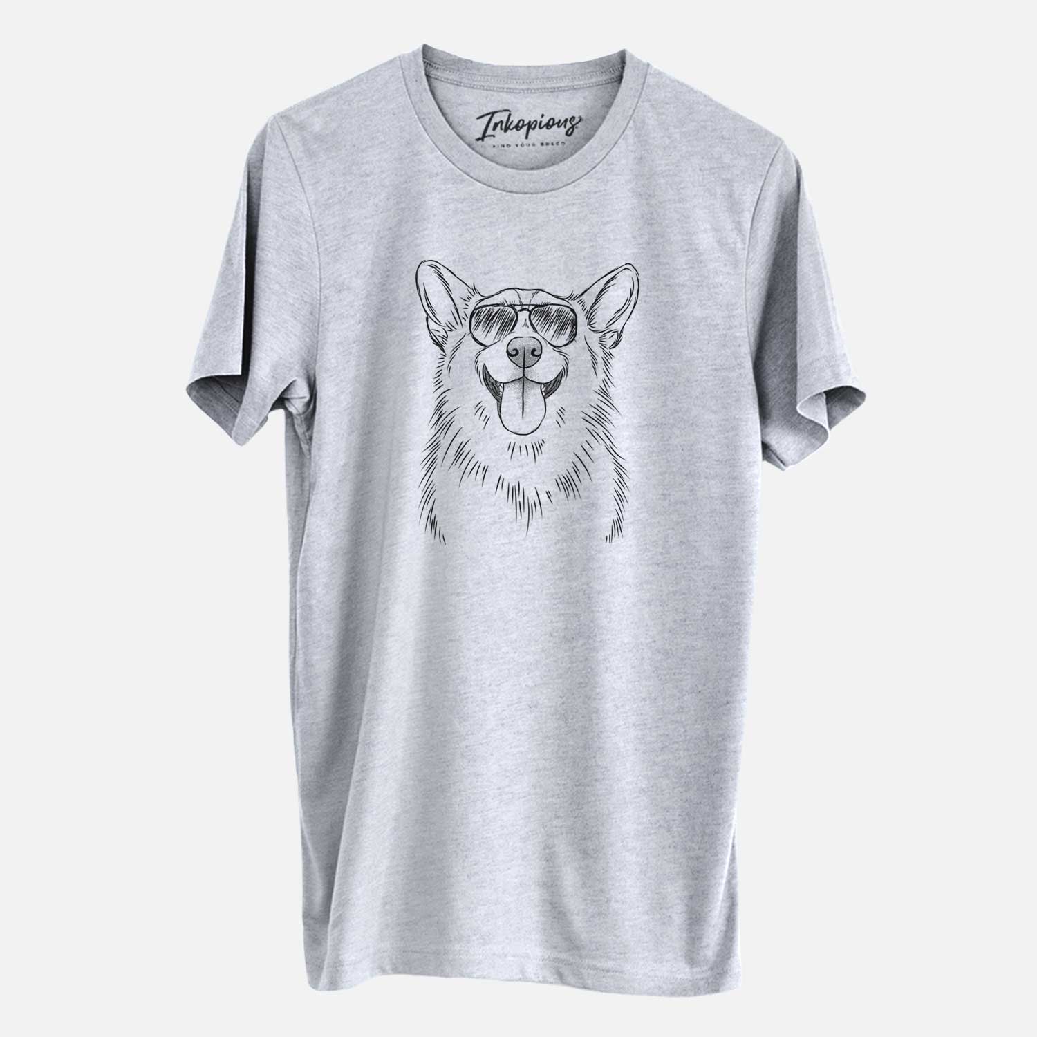 Hand-drawn sketch of Porter the Pembroke Welsh Corgi wearing aviator sunglasses on a Grey Unisex crewneck