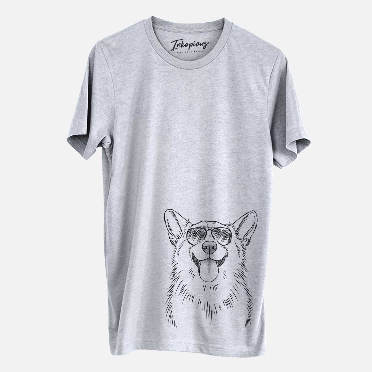 Hand-drawn sketch of Porter the Pembroke Welsh Corgi wearing aviator sunglasses on a Grey Unisex crewneck