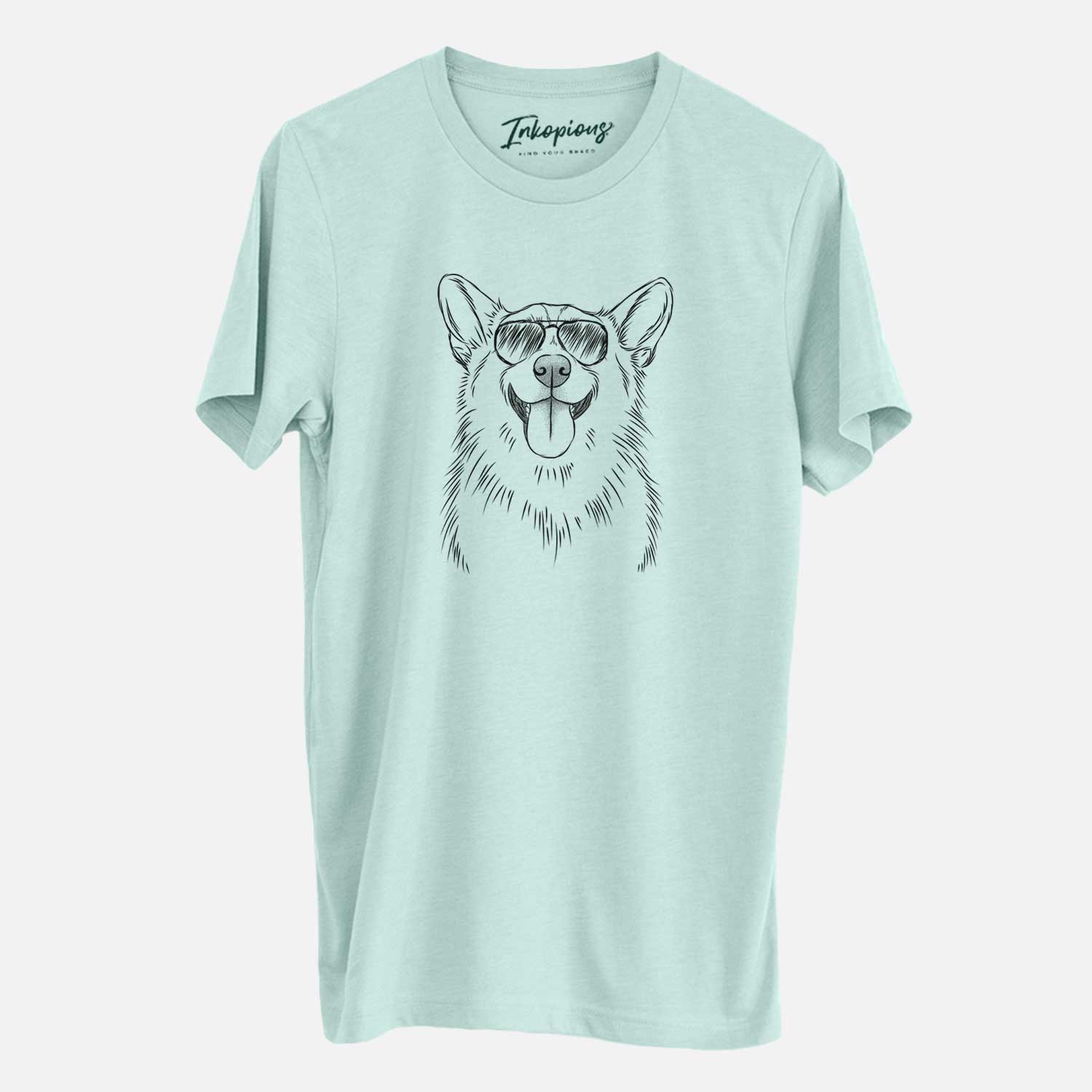 Hand-drawn sketch of Porter the Pembroke Welsh Corgi wearing aviator sunglasses on a Heather Sage Unisex crewneck