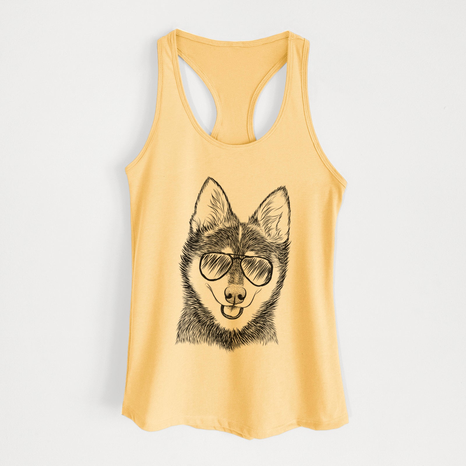 Hand-drawn sketch of Posey the Alaskan Klee Kai wearing aviator sunglasses on a Banana Cream Women's racerback tanktop