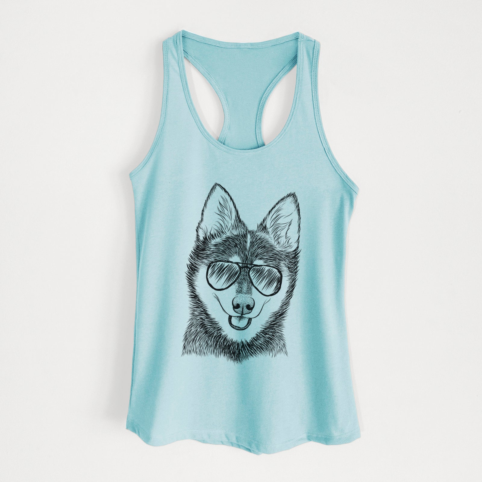 Hand-drawn sketch of Posey the Alaskan Klee Kai wearing aviator sunglasses on a Cancun Blue Women's racerback tanktop