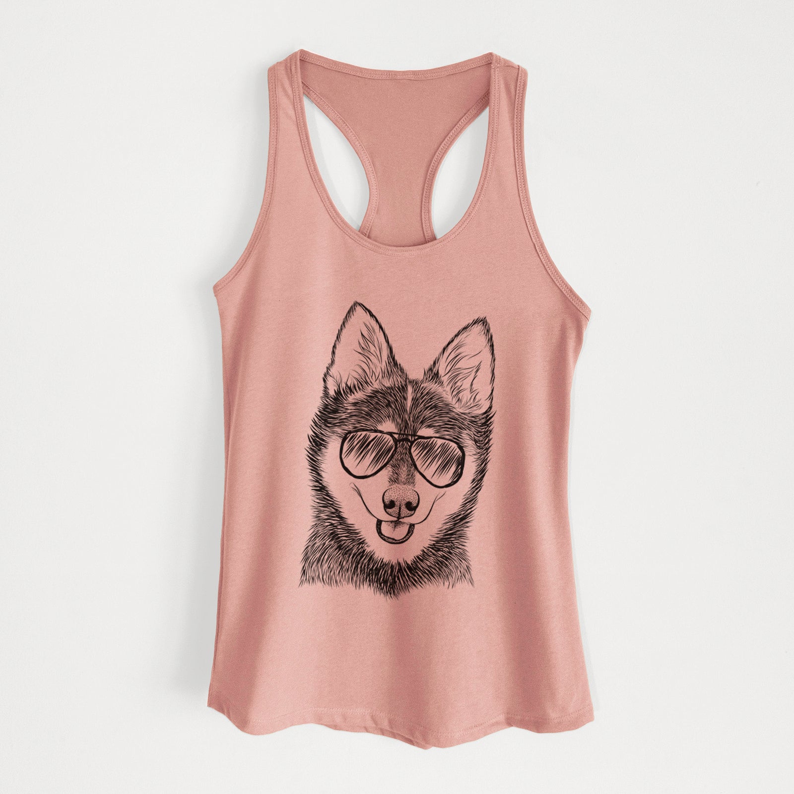 Hand-drawn sketch of Posey the Alaskan Klee Kai wearing aviator sunglasses on a Desert Pink Women's racerback tanktop