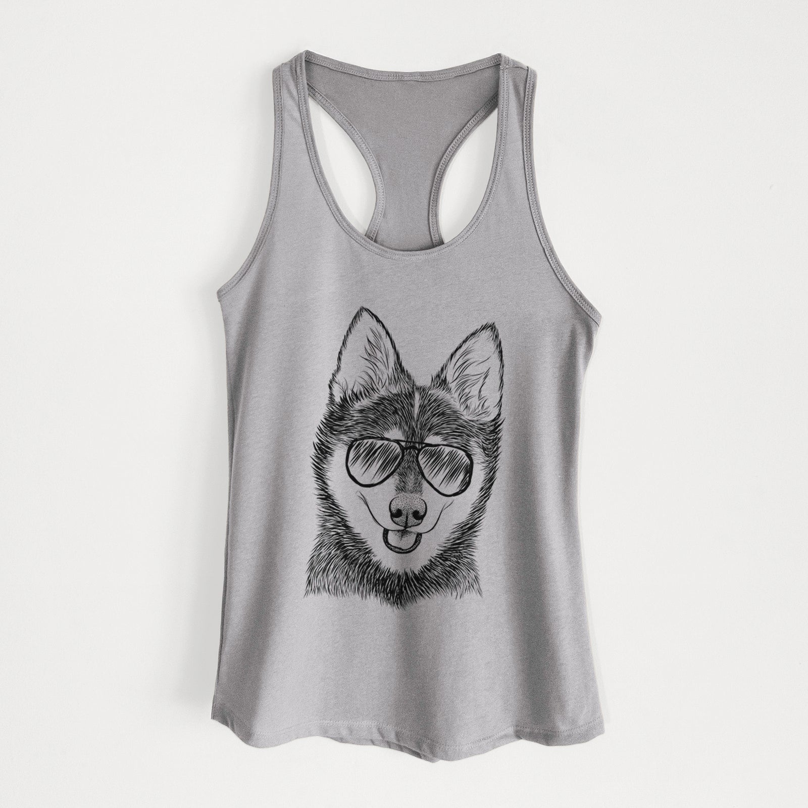 Hand-drawn sketch of Posey the Alaskan Klee Kai wearing aviator sunglasses on a Heather Grey Women's racerback tanktop