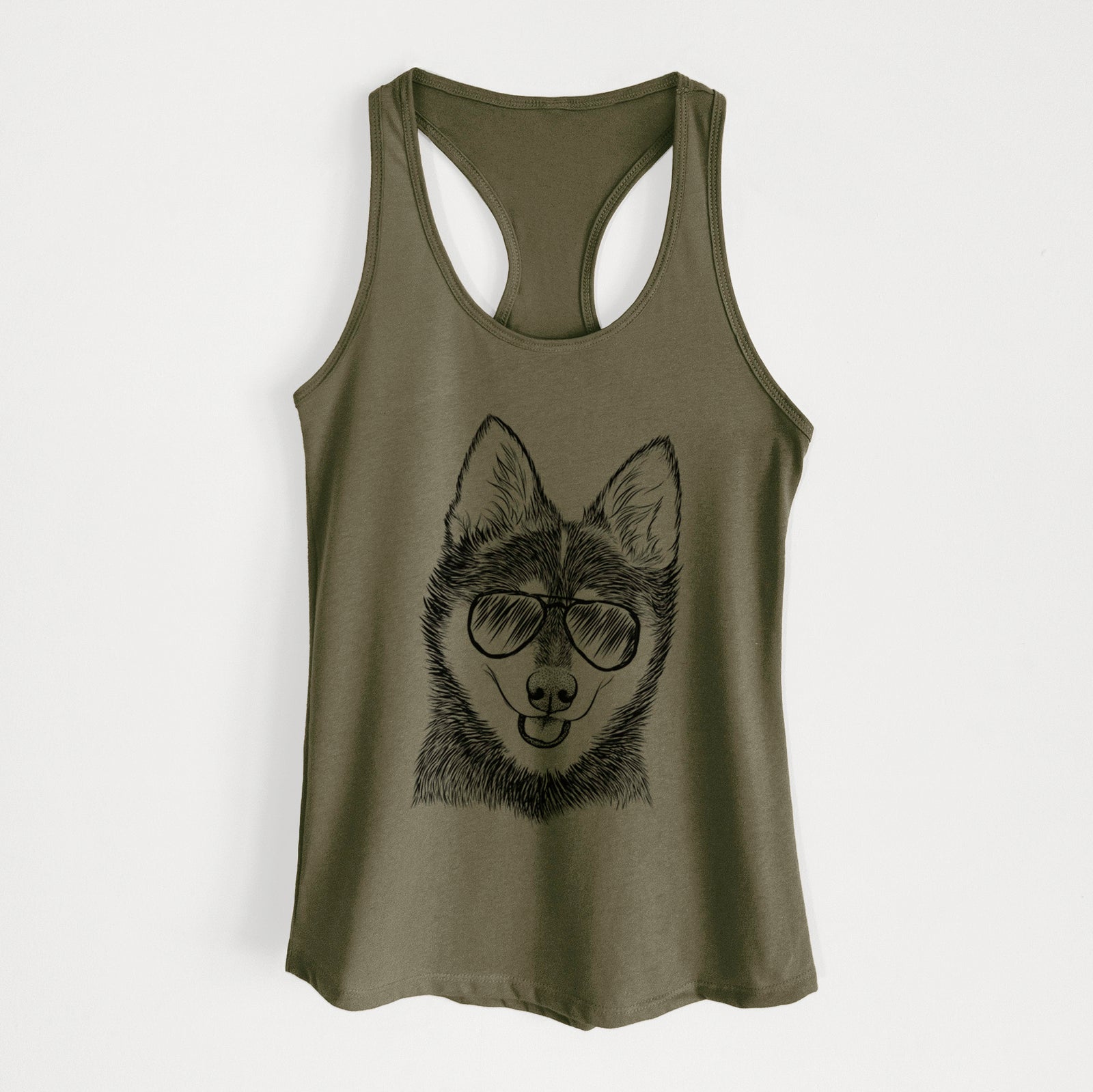 Hand-drawn sketch of Posey the Alaskan Klee Kai wearing aviator sunglasses on a Military Green Women's racerback tanktop