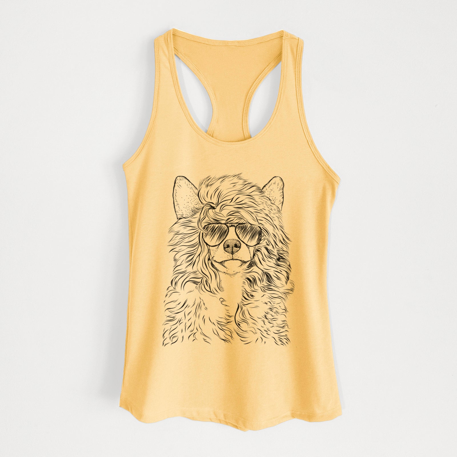 Hand-drawn sketch of Preston the Powderpuff Chinese Crested wearing aviator sunglasses on a Banana Cream Women's racerback tanktop
