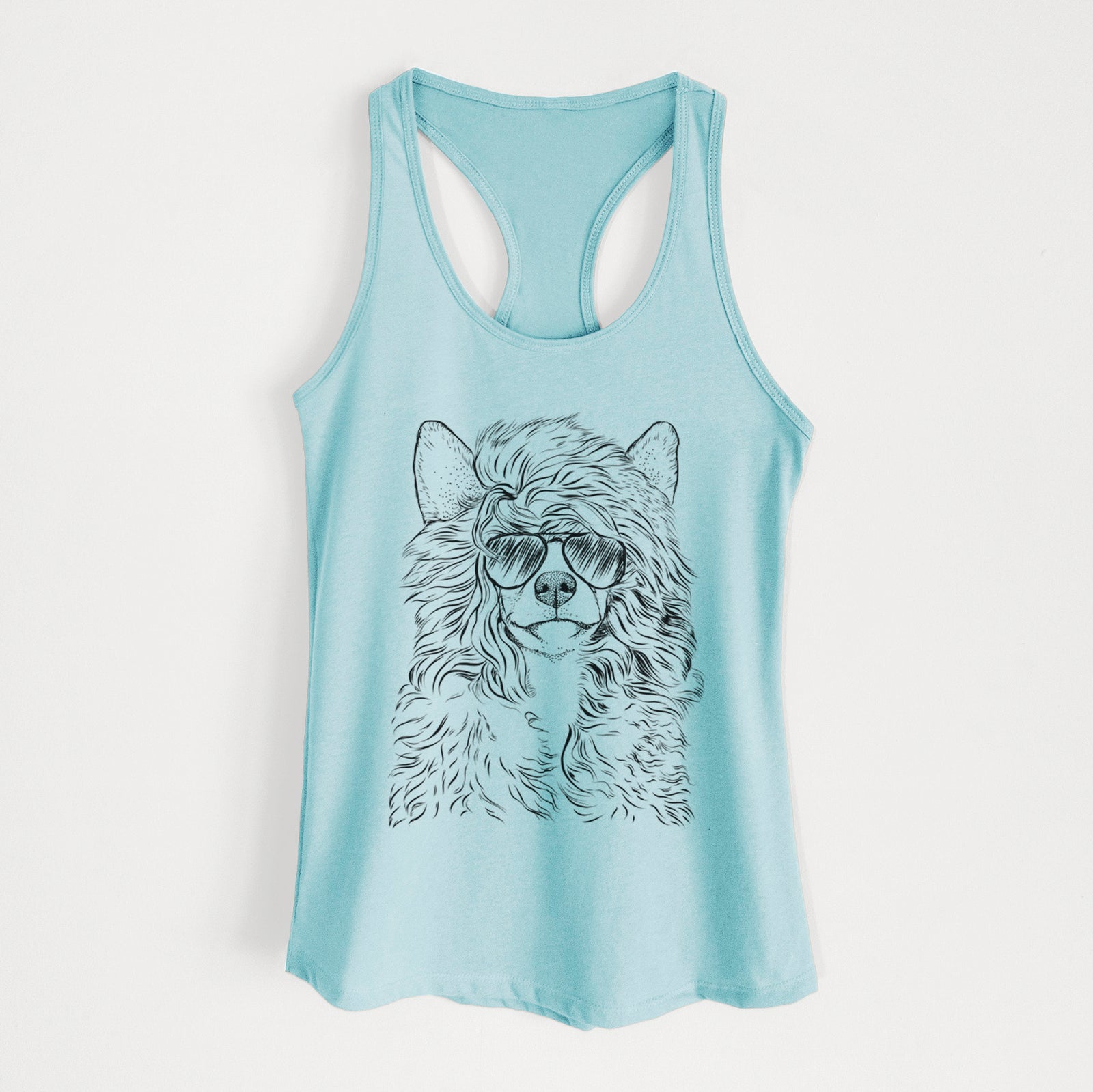 Hand-drawn sketch of Preston the Powderpuff Chinese Crested wearing aviator sunglasses on a Cancun Blue Women's racerback tanktop