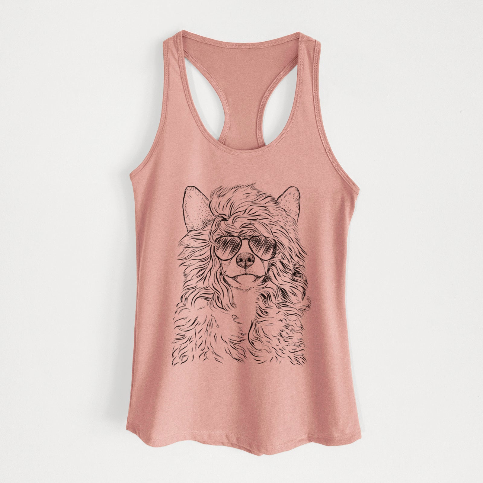 Hand-drawn sketch of Preston the Powderpuff Chinese Crested wearing aviator sunglasses on a Desert Pink Women's racerback tanktop