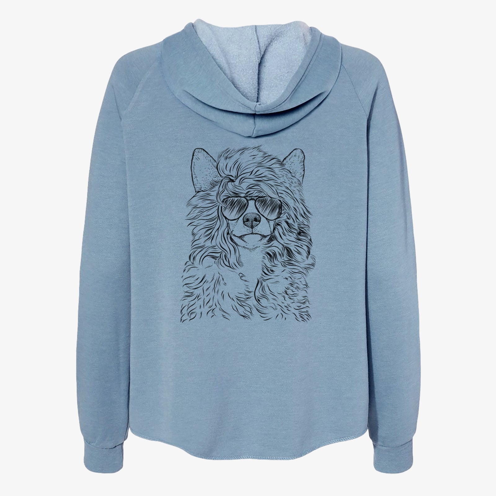 Hand-drawn sketch of Preston the Powderpuff Chinese Crested wearing aviator sunglasses on a Misty Blue Women's cali wave zip-up sweatshirt