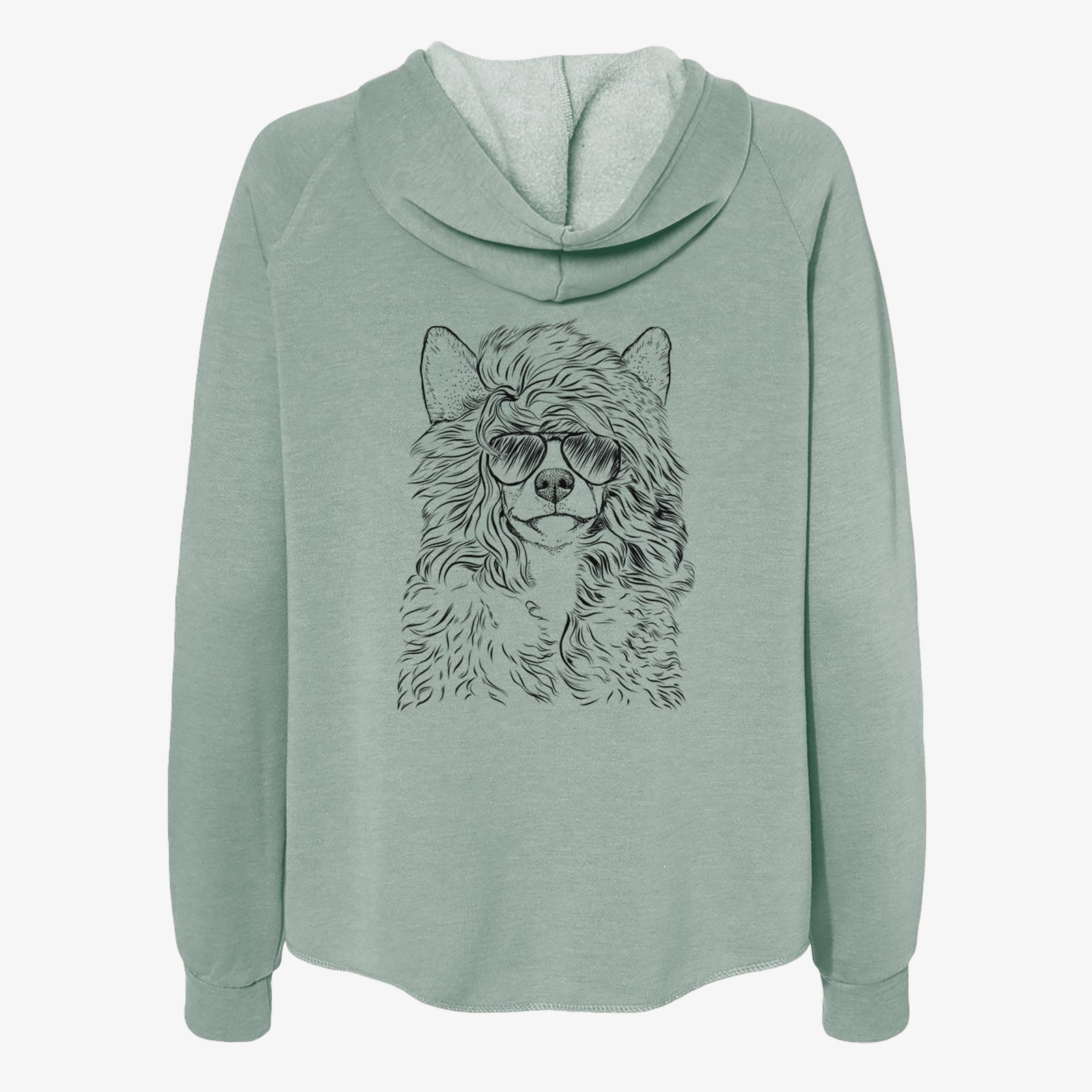 Hand-drawn sketch of Preston the Powderpuff Chinese Crested wearing aviator sunglasses on a Sage Women's cali wave zip-up sweatshirt