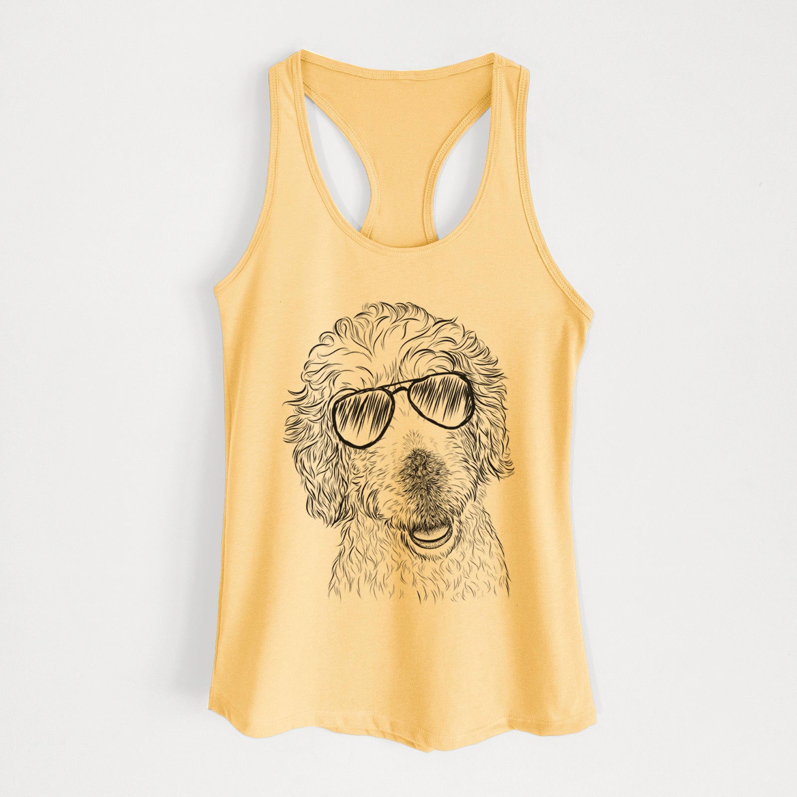 Hand-drawn sketch of Preston the Labradoodle wearing aviator sunglasses on a Banana Cream Women's racerback tanktop