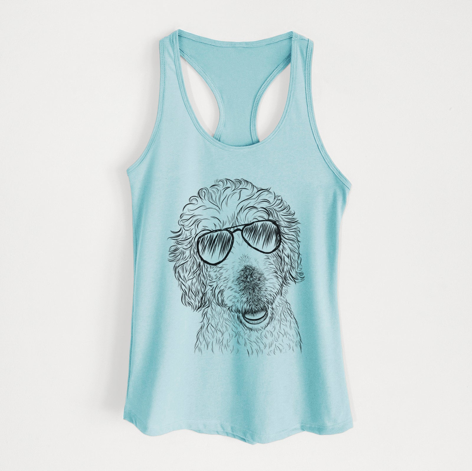 Hand-drawn sketch of Preston the Labradoodle wearing aviator sunglasses on a Cancun Blue Women's racerback tanktop