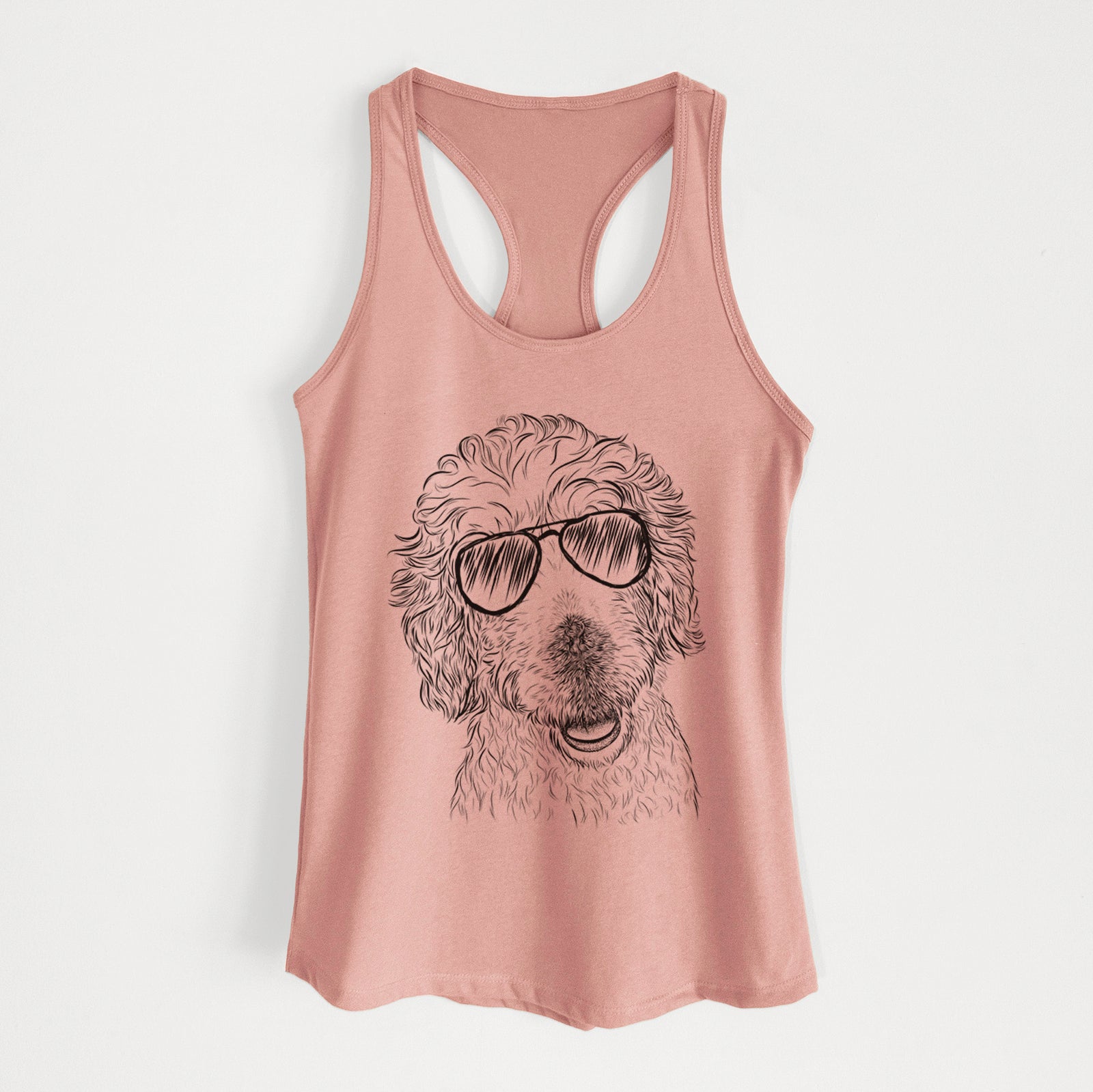 Hand-drawn sketch of Preston the Labradoodle wearing aviator sunglasses on a Desert Pink Women's racerback tanktop
