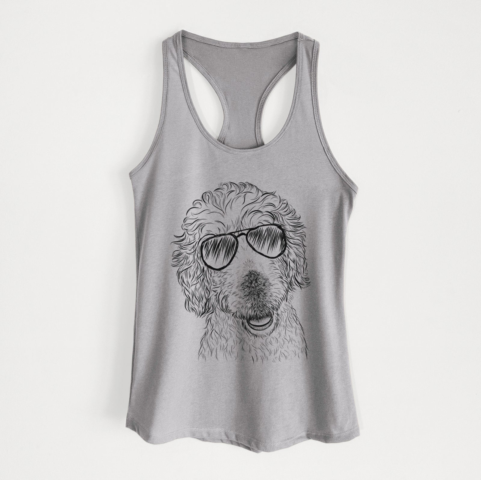 Hand-drawn sketch of Preston the Labradoodle wearing aviator sunglasses on a Heather Grey Women's racerback tanktop