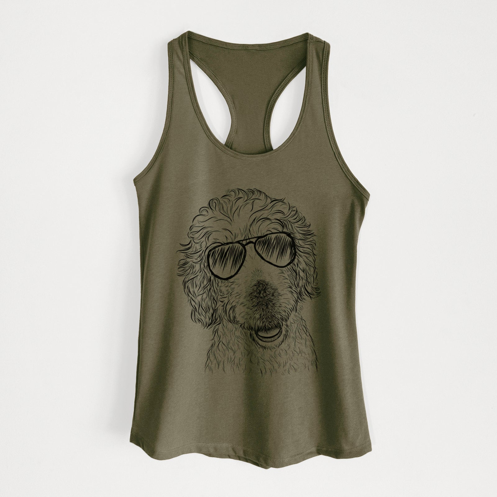 Hand-drawn sketch of Preston the Labradoodle wearing aviator sunglasses on a Military Green Women's racerback tanktop