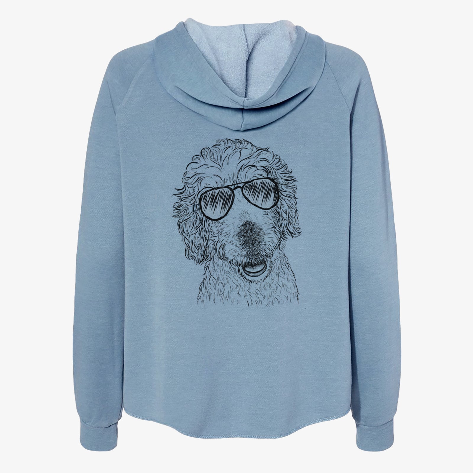 Hand-drawn sketch of Preston the Labradoodle wearing aviator sunglasses on a Misty Blue Women's cali wave zip-up sweatshirt
