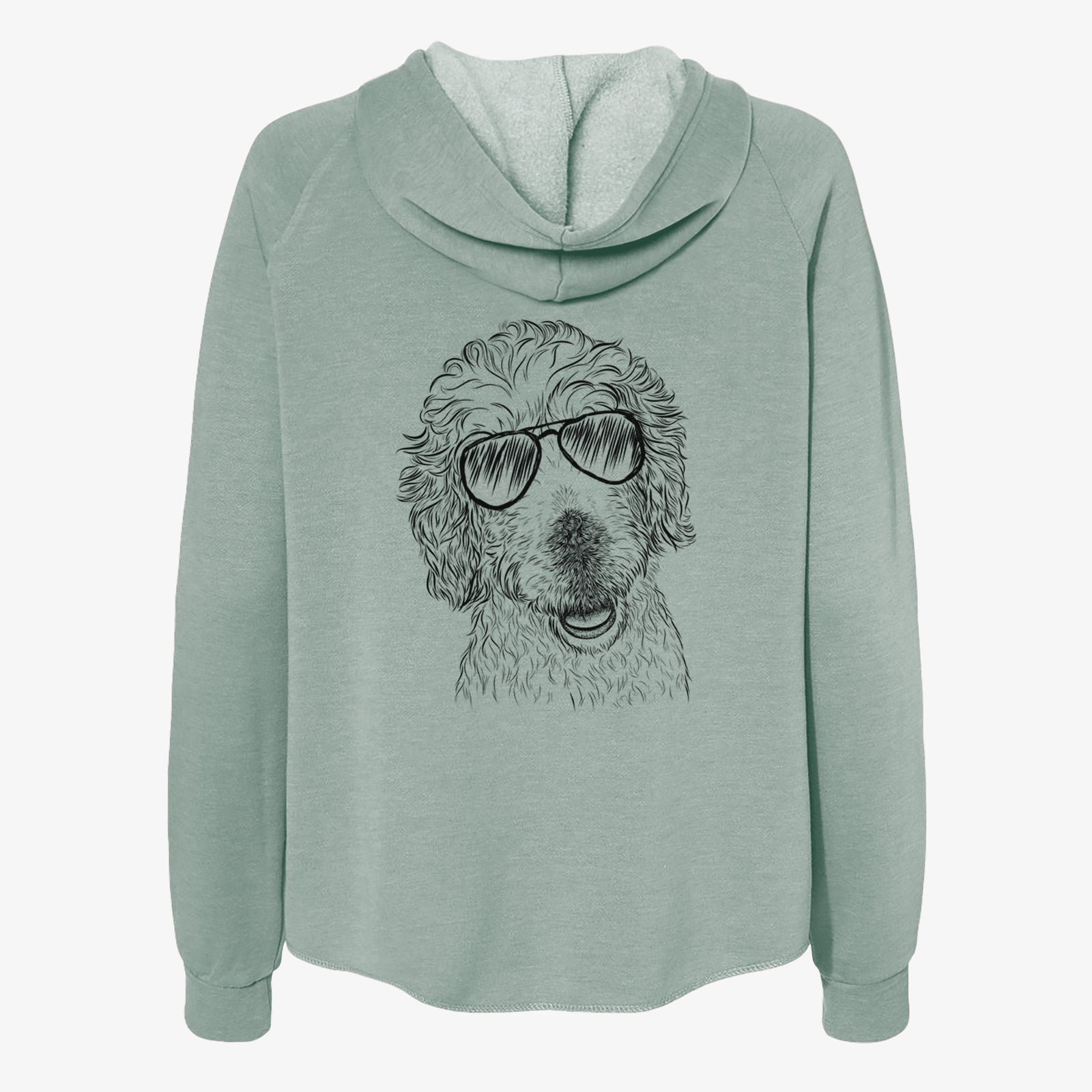 Hand-drawn sketch of Preston the Labradoodle wearing aviator sunglasses on a Sage Women's cali wave zip-up sweatshirt