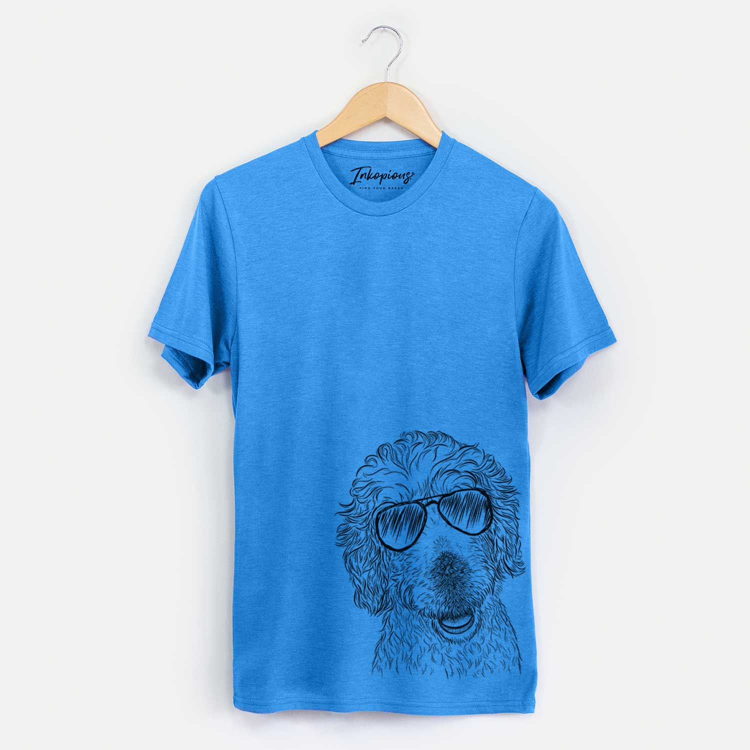 Hand-drawn sketch of Preston the Labradoodle wearing aviator sunglasses on a Blue Unisex crewneck