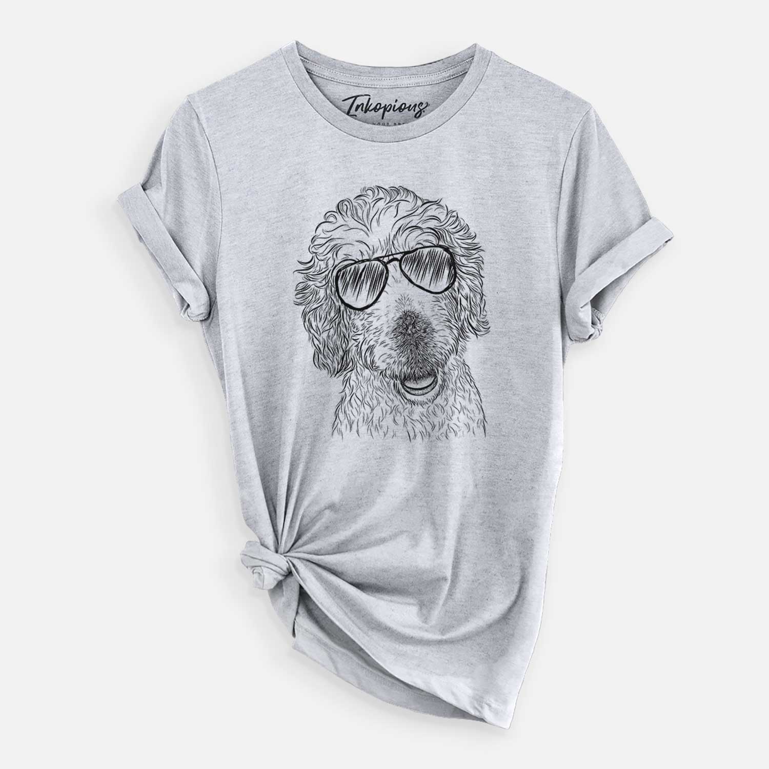 Hand-drawn sketch of Preston the Labradoodle wearing aviator sunglasses on a Grey Unisex crewneck