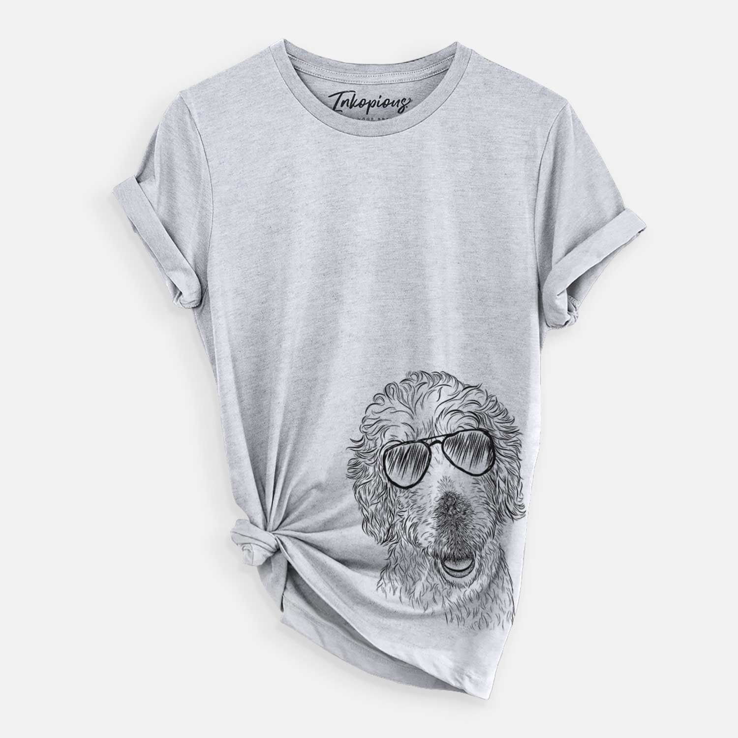 Hand-drawn sketch of Preston the Labradoodle wearing aviator sunglasses on a Grey Unisex crewneck