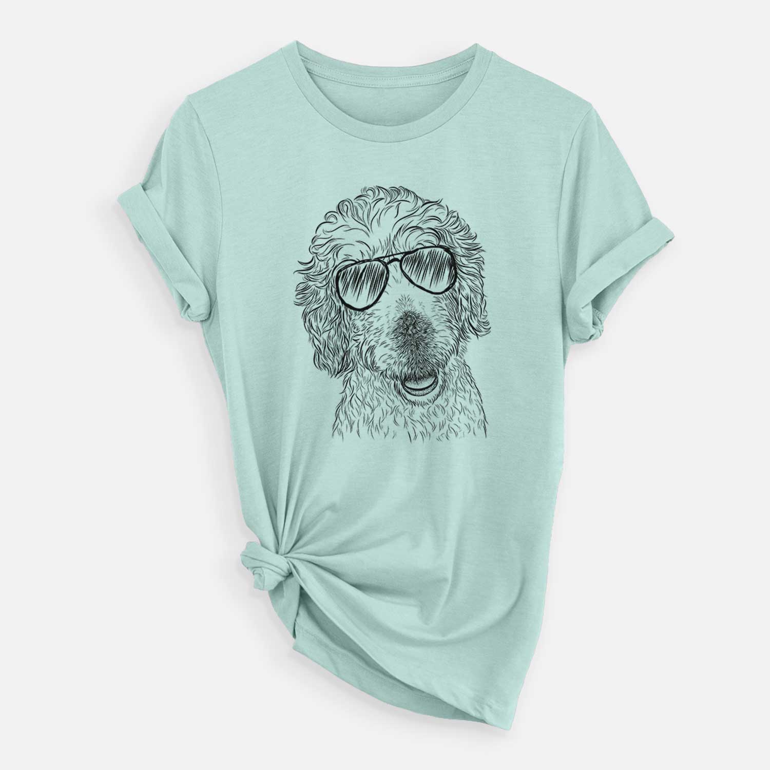 Hand-drawn sketch of Preston the Labradoodle wearing aviator sunglasses on a Heather Sage Unisex crewneck