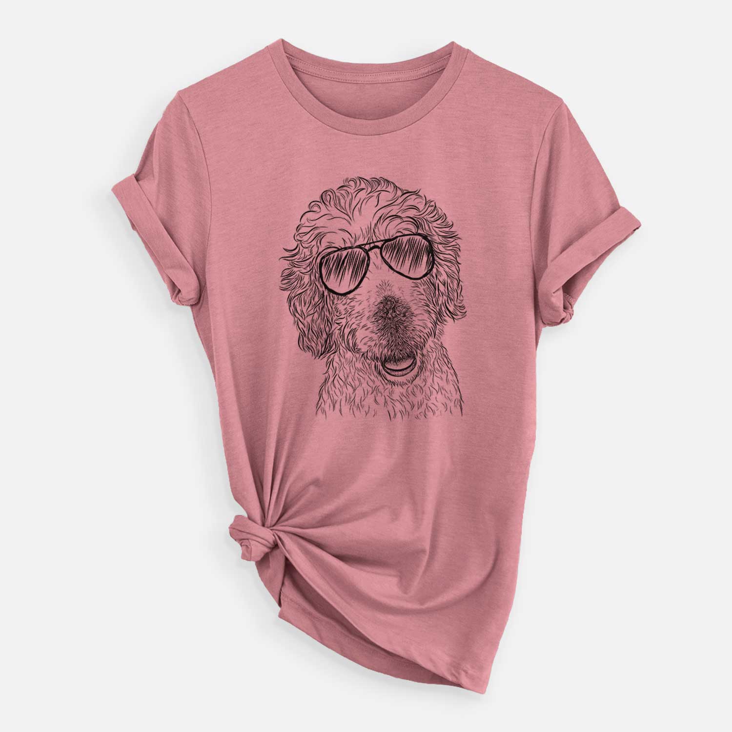 Hand-drawn sketch of Preston the Labradoodle wearing aviator sunglasses on a Mauve Unisex crewneck