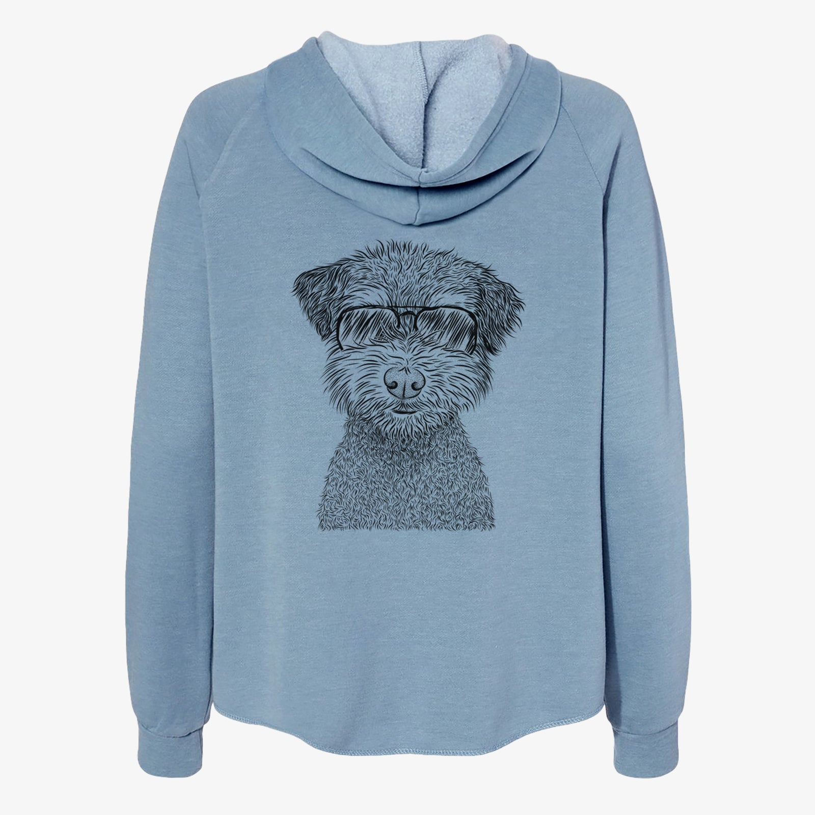 Hand-drawn sketch of Pretzel the Schnoodle wearing aviator sunglasses on a Misty Blue Women's cali wave zip-up sweatshirt