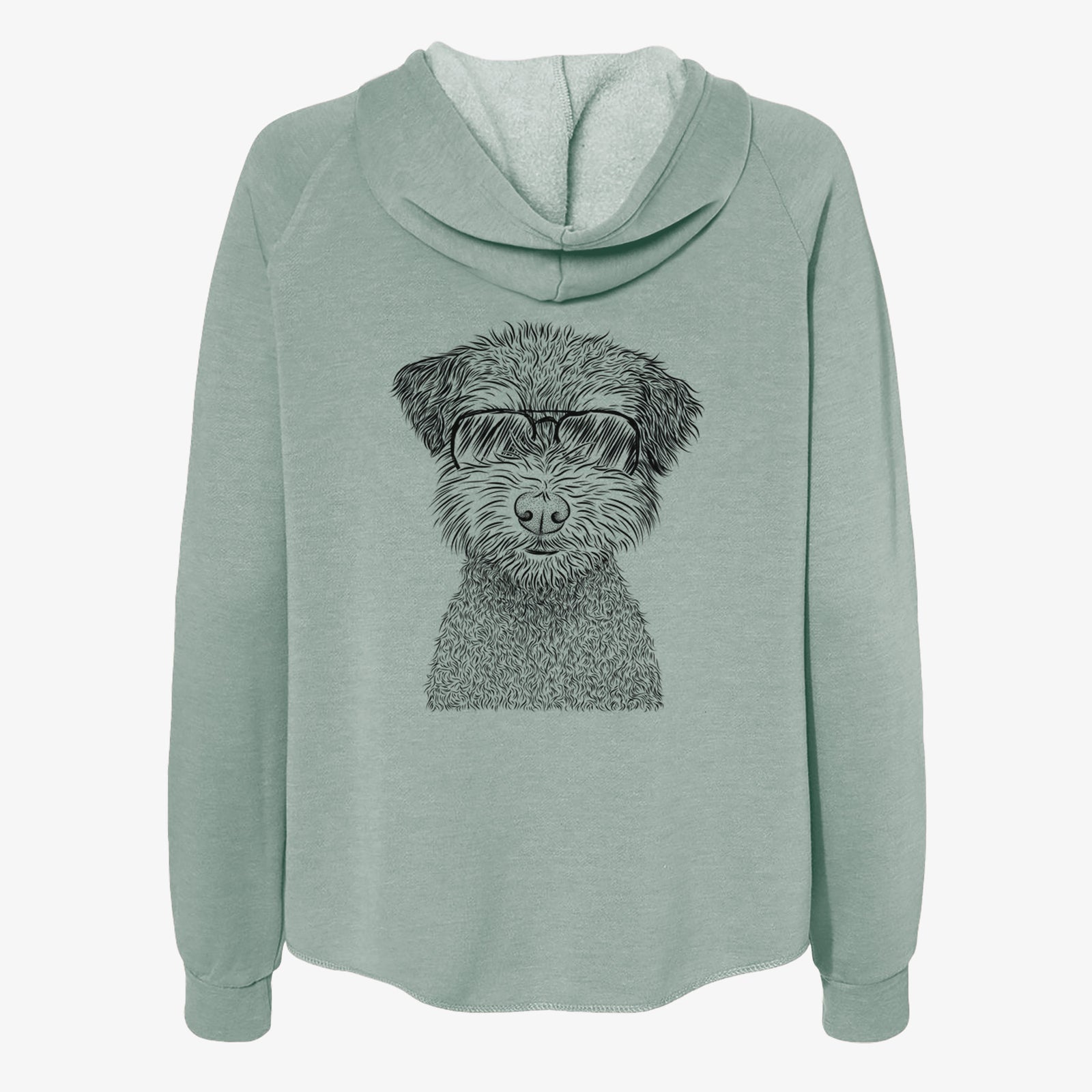 Hand-drawn sketch of Pretzel the Schnoodle wearing aviator sunglasses on a Sage Women's cali wave zip-up sweatshirt