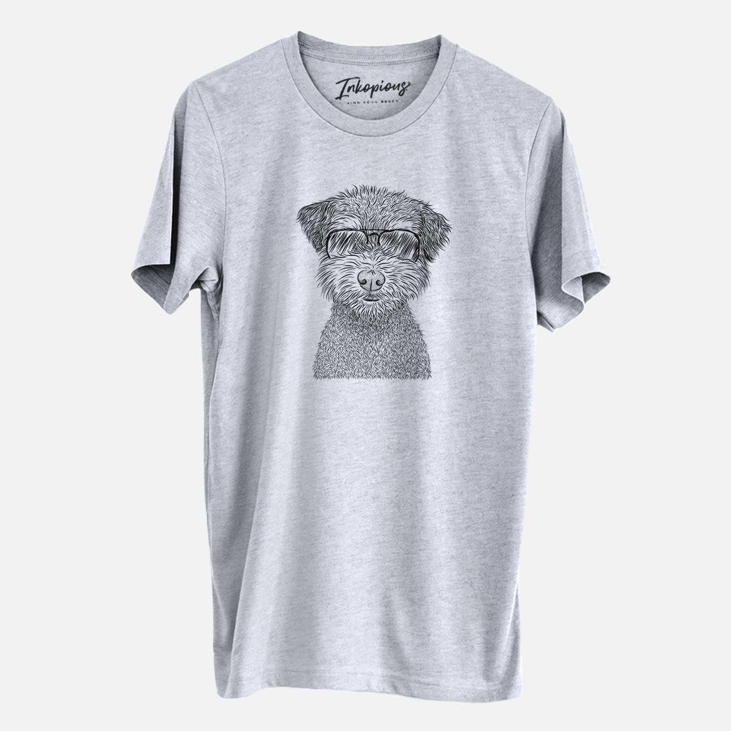 Hand-drawn sketch of Pretzel the Schnoodle wearing aviator sunglasses on a Grey Unisex crewneck