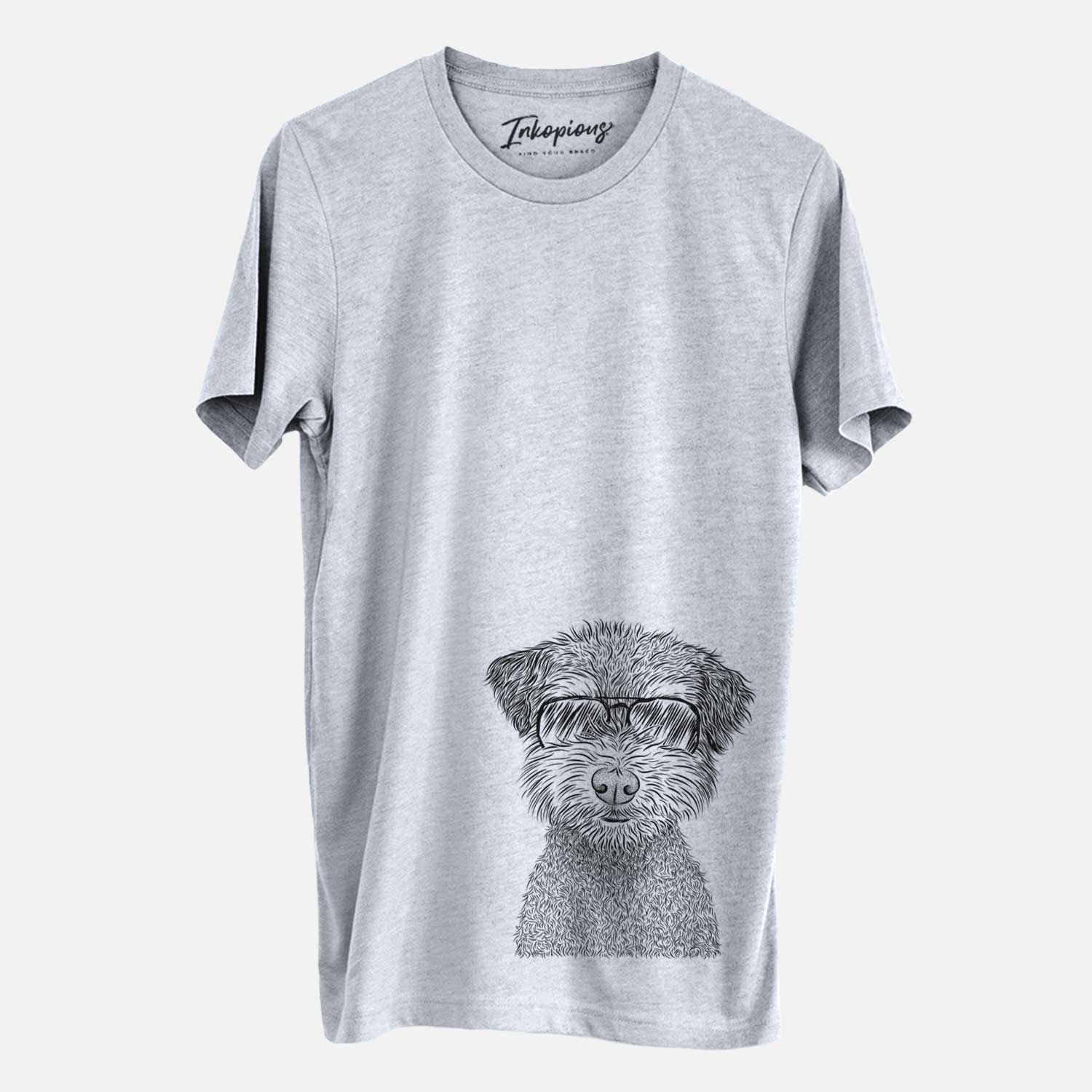 Hand-drawn sketch of Pretzel the Schnoodle wearing aviator sunglasses on a Grey Unisex crewneck