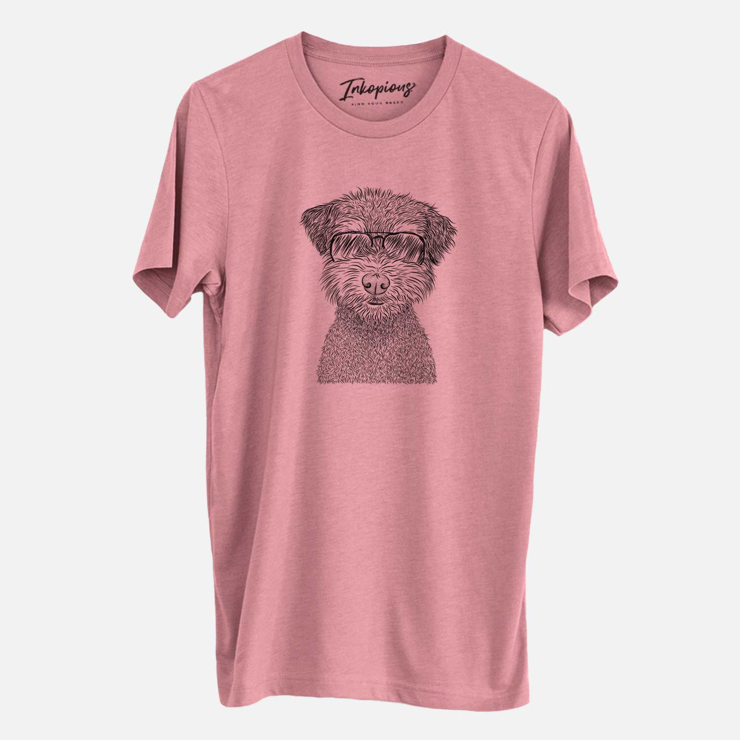 Hand-drawn sketch of Pretzel the Schnoodle wearing aviator sunglasses on a Mauve Unisex crewneck
