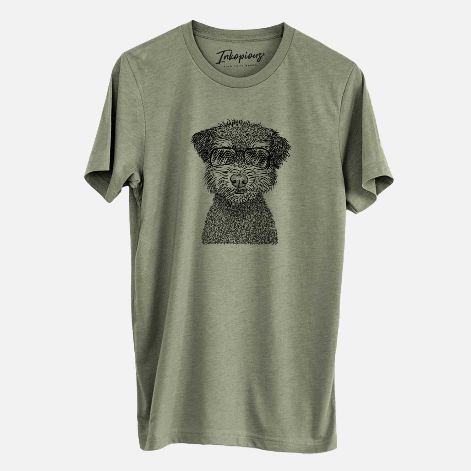 Hand-drawn sketch of Pretzel the Schnoodle wearing aviator sunglasses on an Olive Unisex crewneck